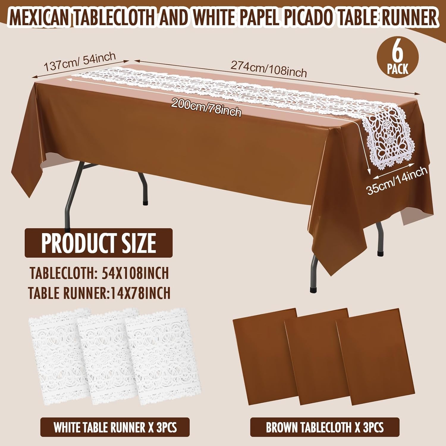 Peryiter 6 Sets Cielito Lindo Party Decoration Mexican Tablecloths Disposable Plastic Talavera White Papel Picado Table Runners for Cinco De Mayo Fiesta Birthday Wedding Baby Shower Supplies(Brown)