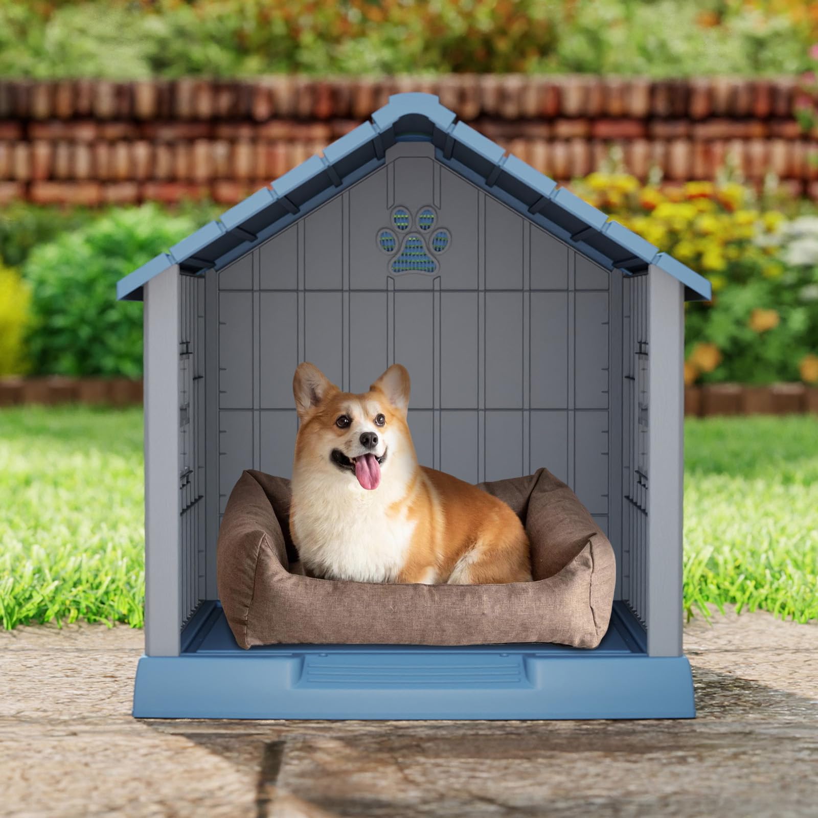 GOPLUS Caseta para Perros de Tamaño Pequeño y Mediano, Casa para Perros de Plástico con Techo Inclinado, Buena Ventilación y Piso Elevado, Perrera para Mascotas Adecuado para Interior y Exterior