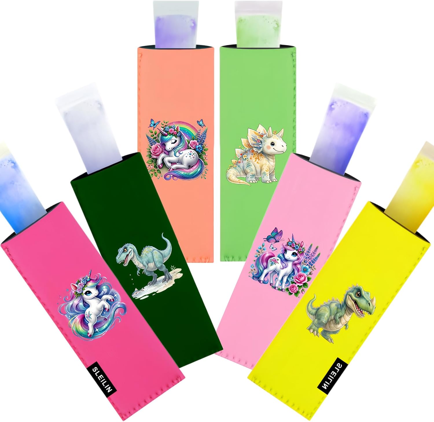 Popsicle Sleeves 6 Pack, Neoprene Ice Pop Holders with Unicorn & Dinosaur Designs, No Drip Freezer Pop Sleeves, Keeps Hands Warm & Dry, Reusable Washable Ice Popsicle Covers for Kids Summer Party