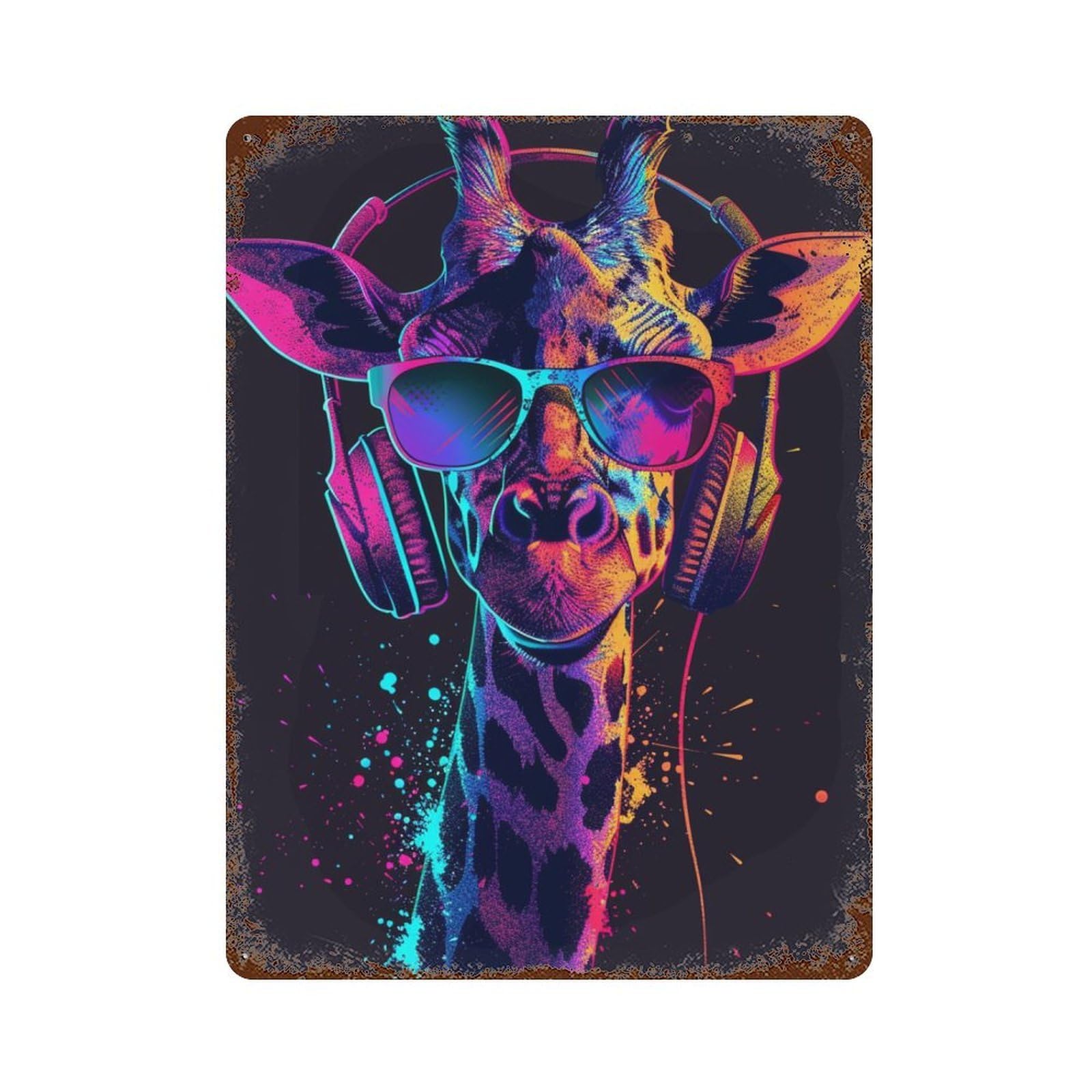 Giraffe with Headphones And Sunglasses Vintage Metal Tin Sign 15.7"x11.8", Vintage Wall Decor for Garage, Pub Or Kitchen