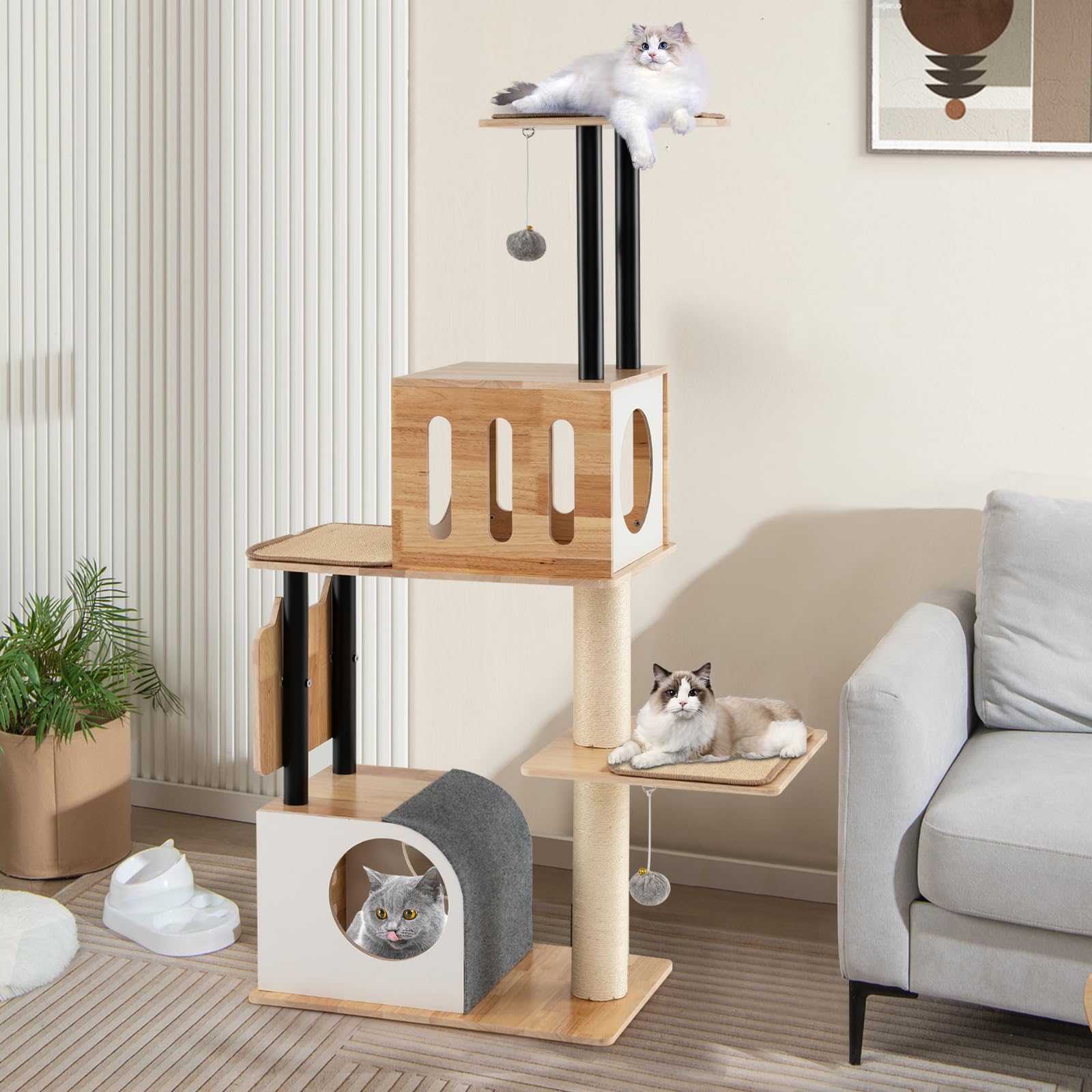 PETSITE 56 Inch Wood Cat Tree, Multi-Level Cat Tower with Sisal Scratching Posts, Dual Cat Condos, Removable Sisal Mats, and Hanging Balls with Bell, Modern Cat Tree Tower for Indoor Cats, Kittens