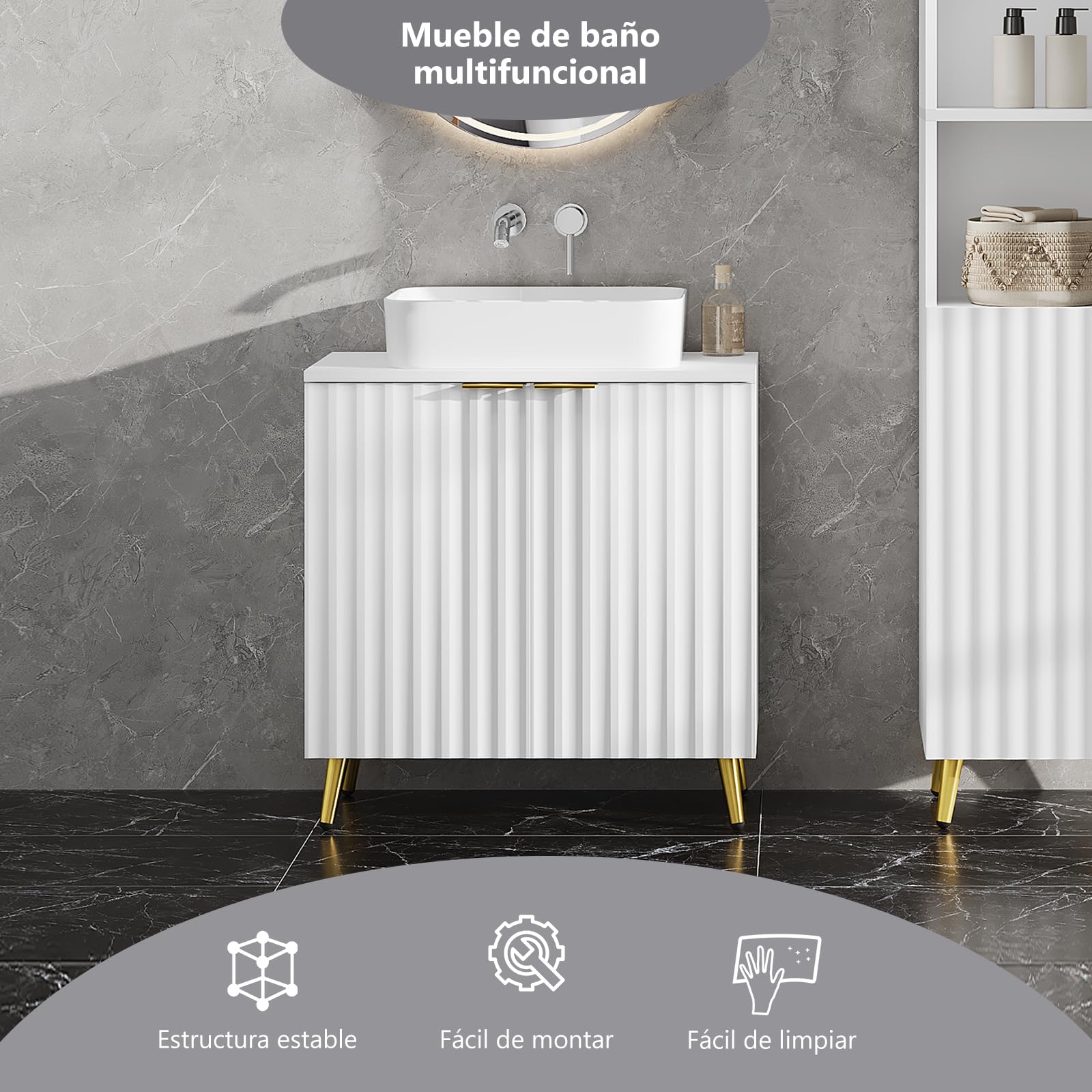 eSituro Mueble Bajo Lavabo, Armario de Baño con Recorte Sifón, Mueble Auxiliar Baño con Puertas Onduladas y Asas Doradas, Patas de Metal, 60x30x62