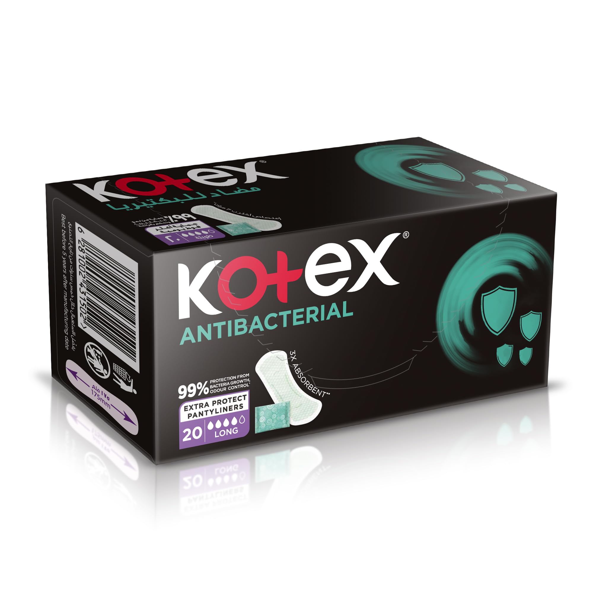 Kotex Long Panty Liners with Antibacterial Protection, 20 Count – Thin Breathable Daily Liners for Everyday Freshness, Light Discharge & Extra Coverage