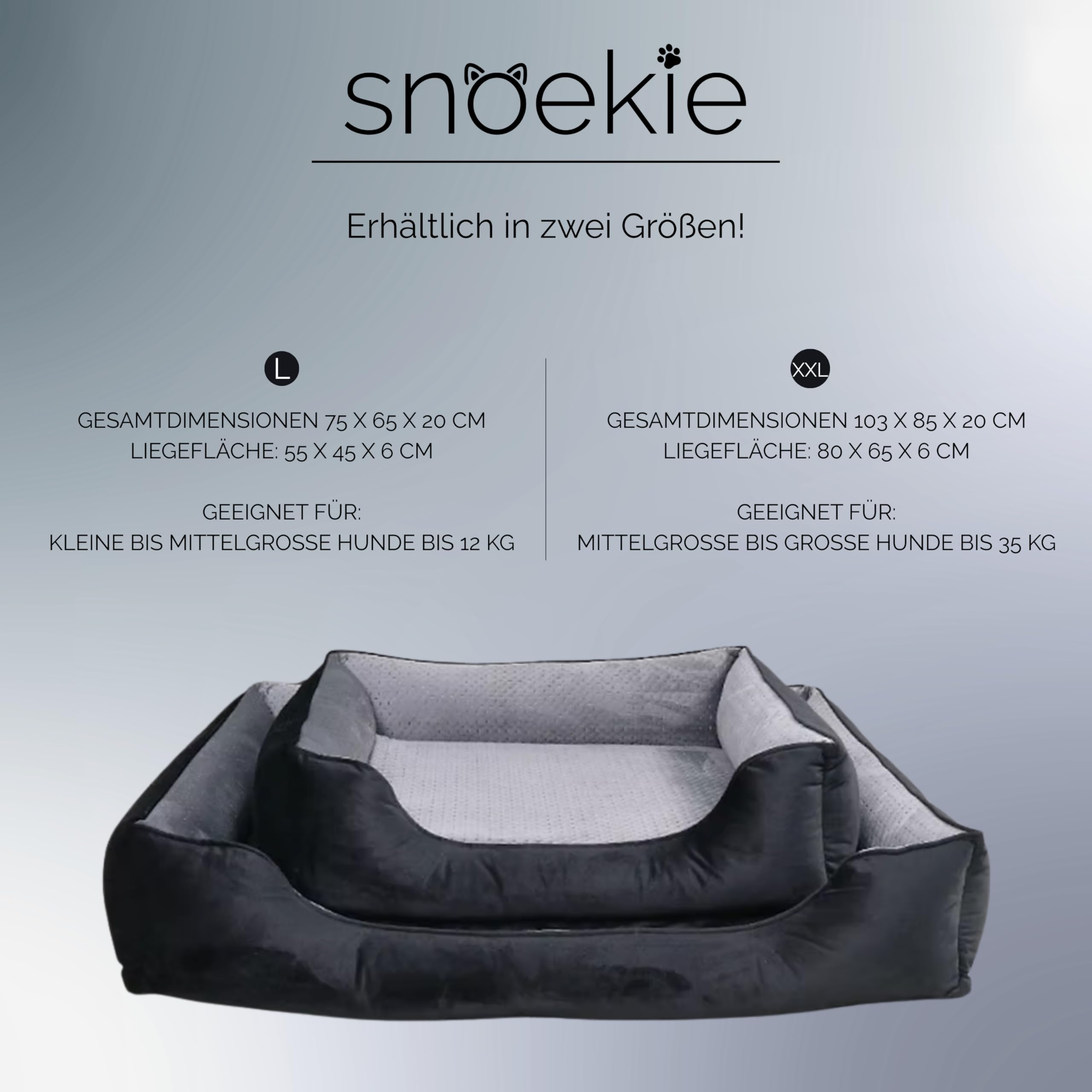 Snoekie weiches Hundebett, wendbares Kissen, Schwarz/Grau, waschbarer Bezug, pflegeleicht, wasserabweisender Kern, XXL 103x85x20 cm große Hunde bis 35 KG + EXTRTA BEZUG