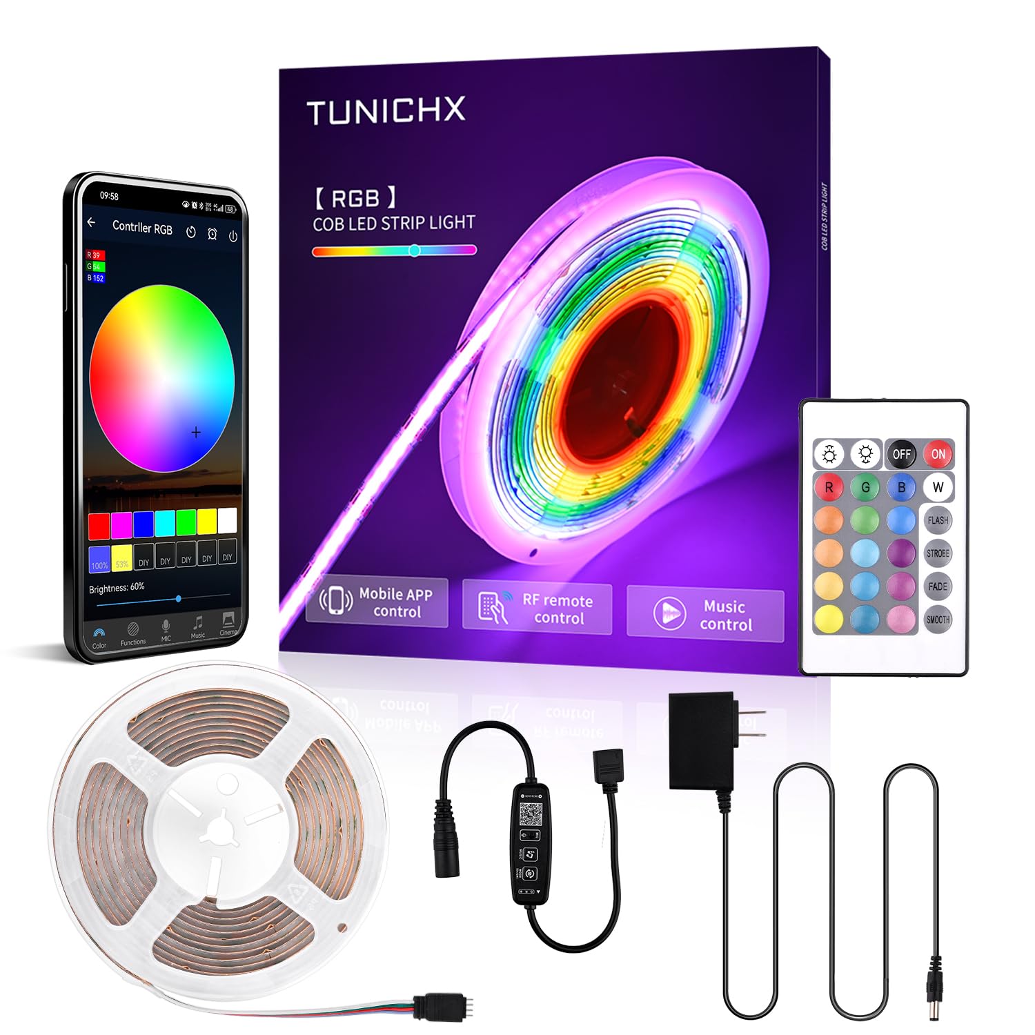 Striscia RGB COB con telecomando 5m ad alta densità DC 24V Band 2880 LED dimmerabile Certificazione UL striscia FCOB CRI 90+, illuminazione colorata per decorazione della stanza