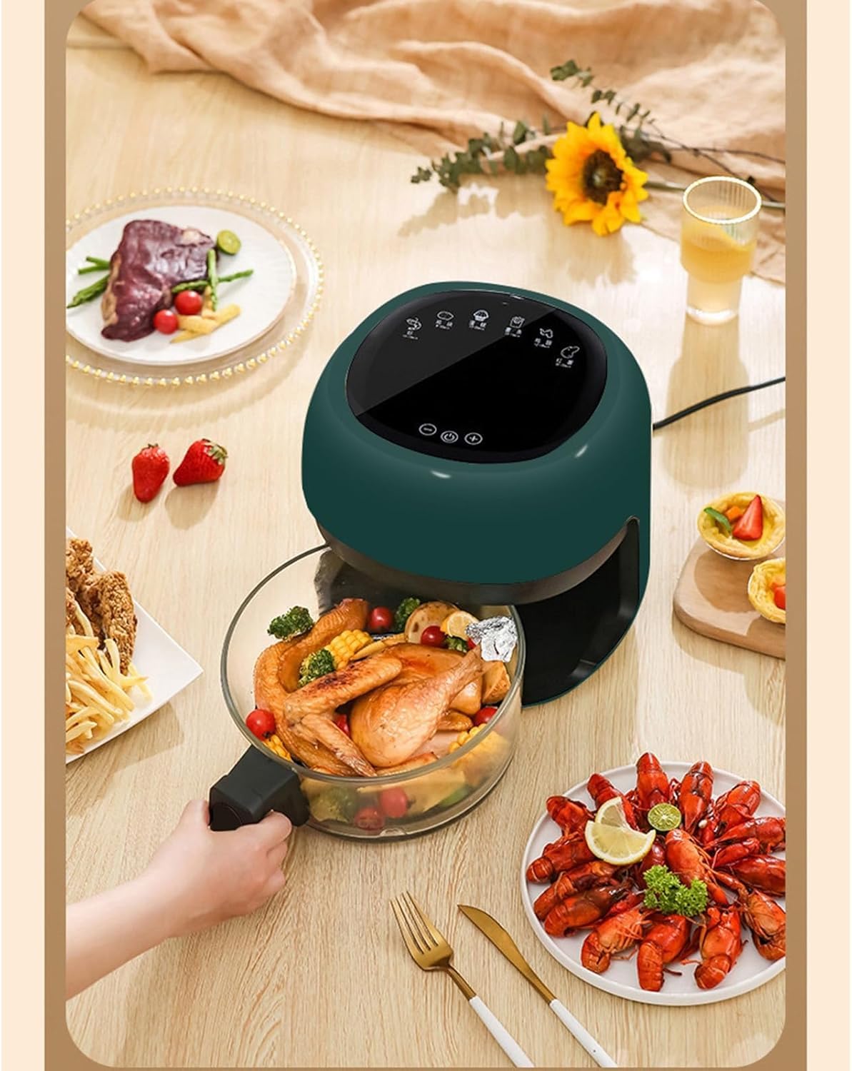Friggitrice Ad Aria Trasparente in Vetro Touch Screen, capacità 4 Litri, Senza Olio E Senza Fumo, Cucina Sana, Friggitrice Multifunzione, Blanc