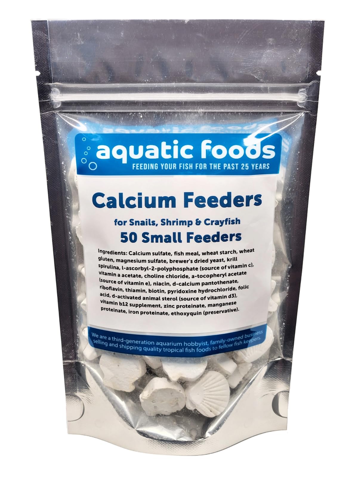 Aquatic Foods Inc. Calcium Feeder Disks for Shrimp, Snails, Crabs, Crayfish, Hermit Crabs and All Tropical Fish, 50 Count Bag of Small Calcium Feeder
