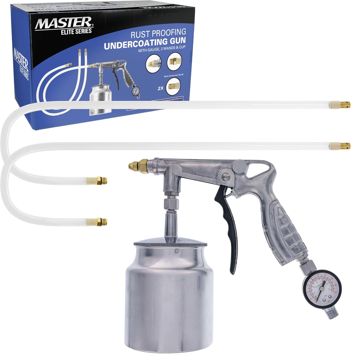 Master Elite Undercoating Spray Gun with Regulator, 25 oz Suction Feed Cup & 2 Flexible Extension Wands - Pneumatic Automotive Application Sprayer Undercoating Gun for Truck Bed Liner & Rust Proofing