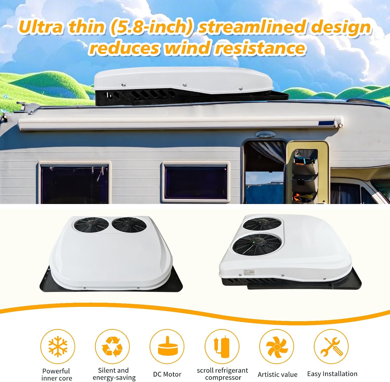 DC 24V RV Rooftop Air Conditioner, Low Profile Quiet AC Unit, Dual Fan Ductless Energy-Saving Cooling & Heating for RVs, Trucks, Trailers, Campers, Vans & Large Vehicles