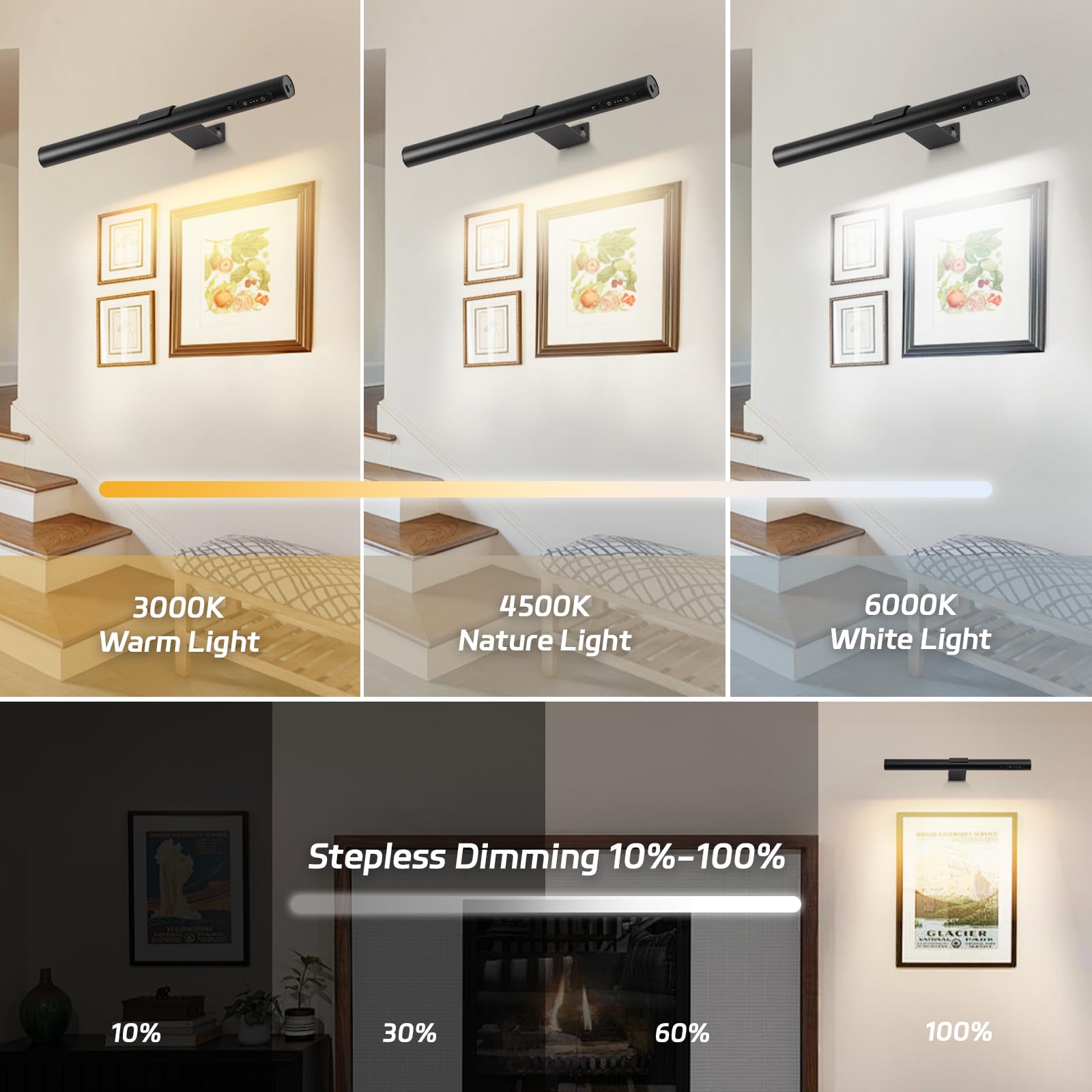 Lampe murale sans fil，Eclairage tableau led à télécommande, lampe pour tableau avec 3 modes d’éclairage，avec minuterie，pour tableau,la fresque et les fléchettes，statues,etc.