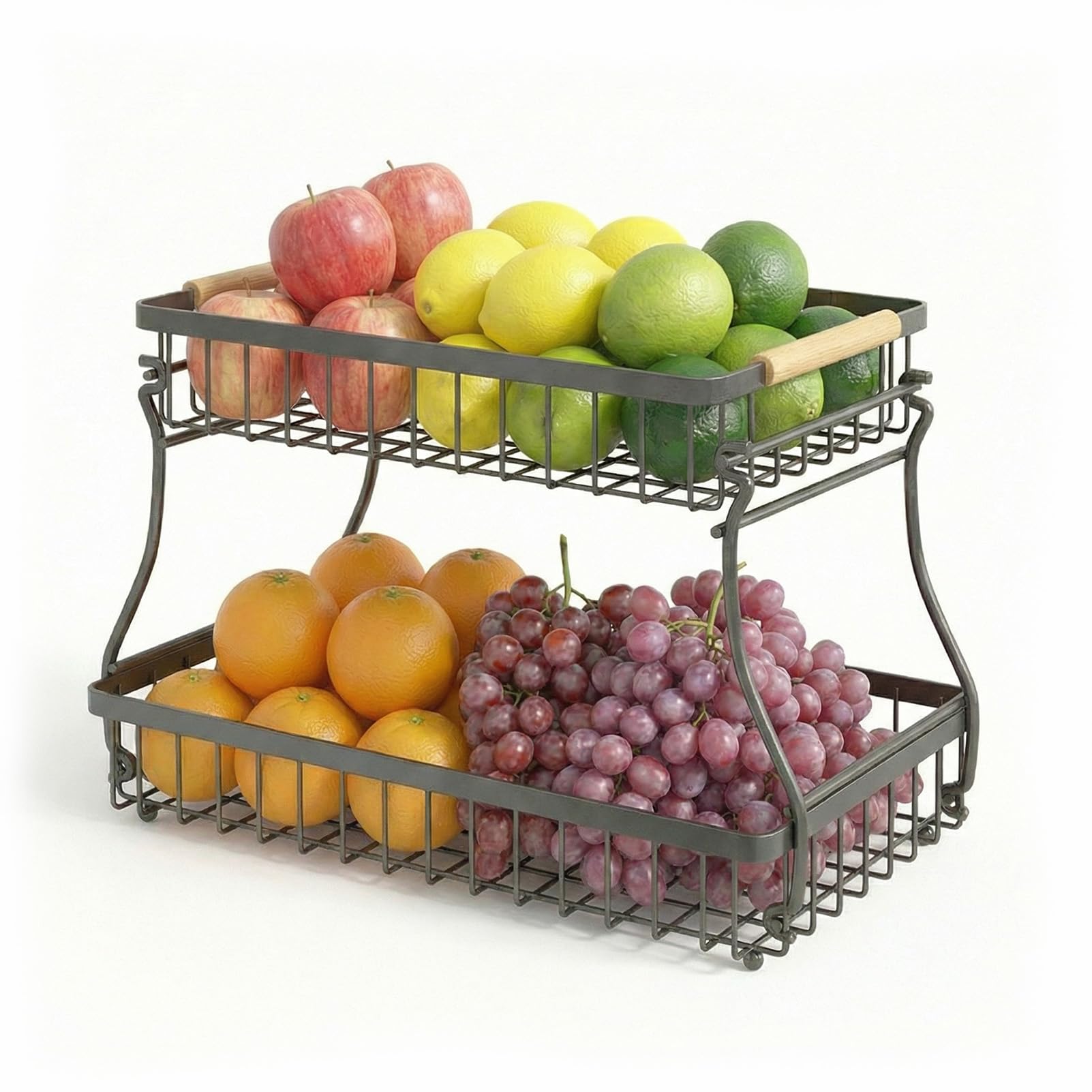 Coone Black 1Pc 2 Tier Fruit Basket, Metal Storage Rack For Kitchen, Sturdy Produce Holder For Island, Countertop & Under Counter (Space-Saving Design)