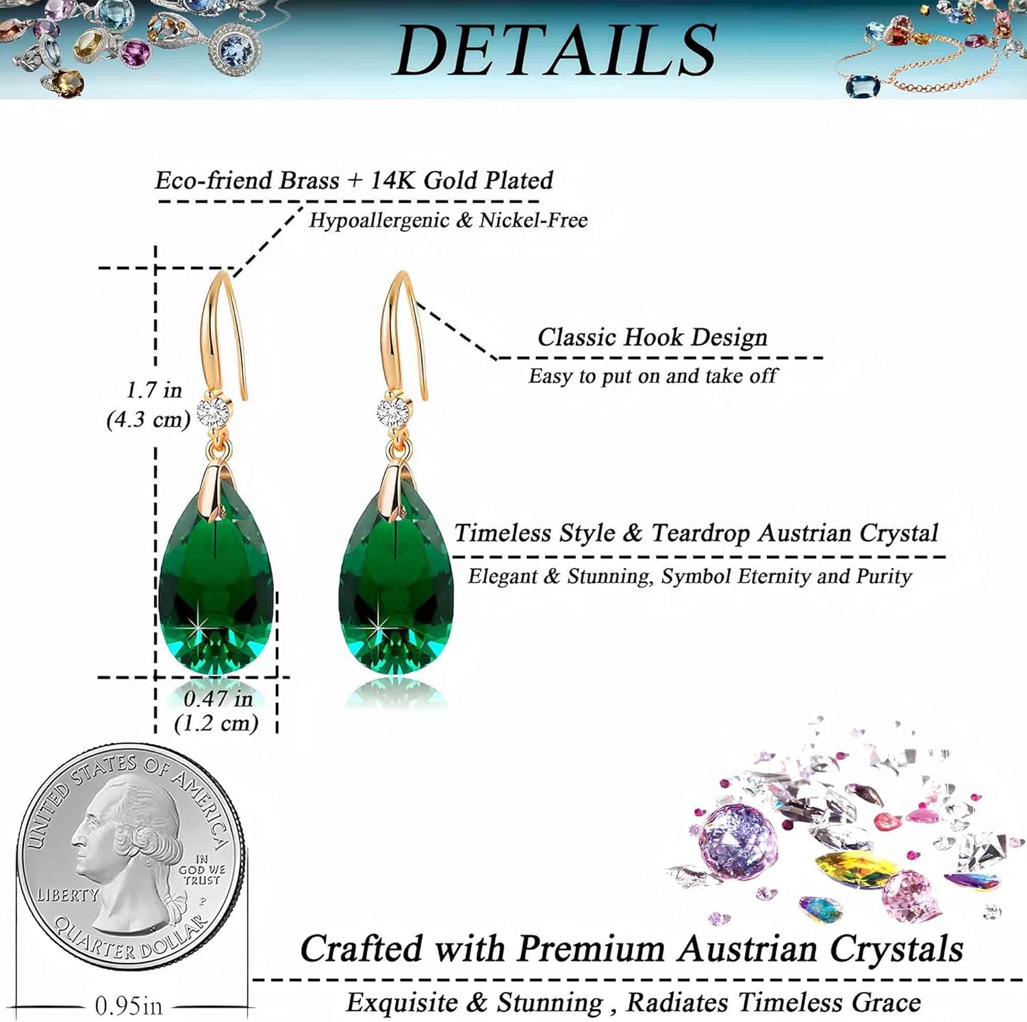 Austrian Crystal Teardrop Dangle Drop Earrings for Women 14K Gold Plated Hook Earring Hypoallergenic Jewelry Gifts for Women Girls - Image 4