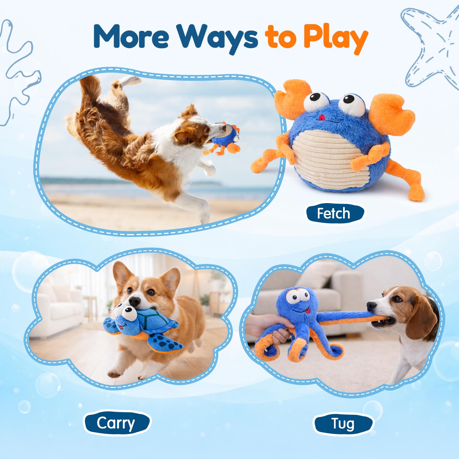 Quietschendes Hundespielzeug-Set – Ozean-Thema, Plüsch-Hundespielzeug für kleine und mittelgroße Hunde, Welpenspielzeug, um Hunde zu beschäftigen, Hundegeschenk