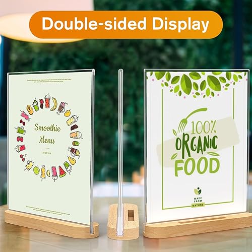 Miniatura 5 de MaxGear Soporte acrílico para letreros de 8.5 x 11, soporte de exhibición de mesa transparente con base de madera, marco de letrero inclinado en