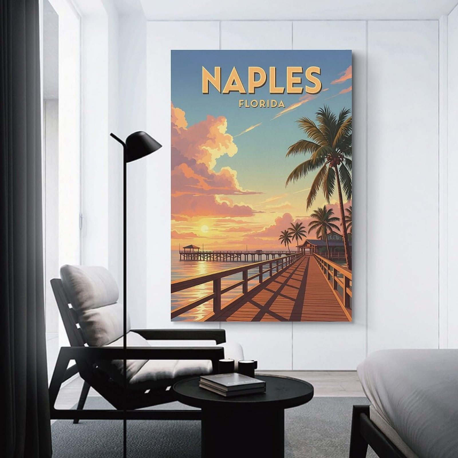 Junmoney Vintage Naples Florida Pier Sunset Wall Art Decor Decorative Wall Artwork 20x30inch(50x75cm), for Corridors, Hallways Or Apartment Entries, Home Artwork for First Impressions