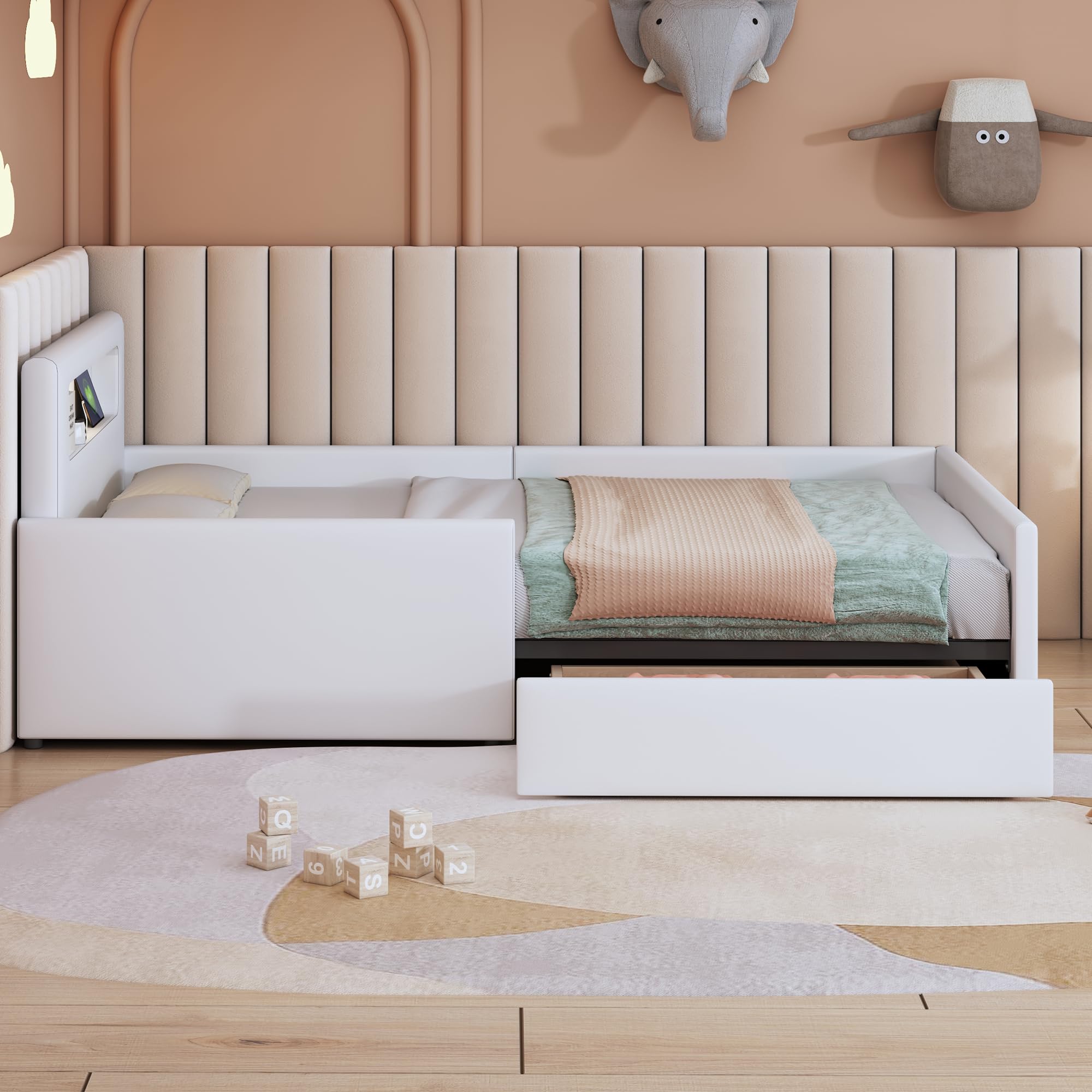Lettino imbottito per bambini, con luce notturna e porta di ricarica USB, con scomparti, pannelli laterali rialzati per la sicurezza, semplice letto singolo, letto per ragazzi e ragazze, tessuto in