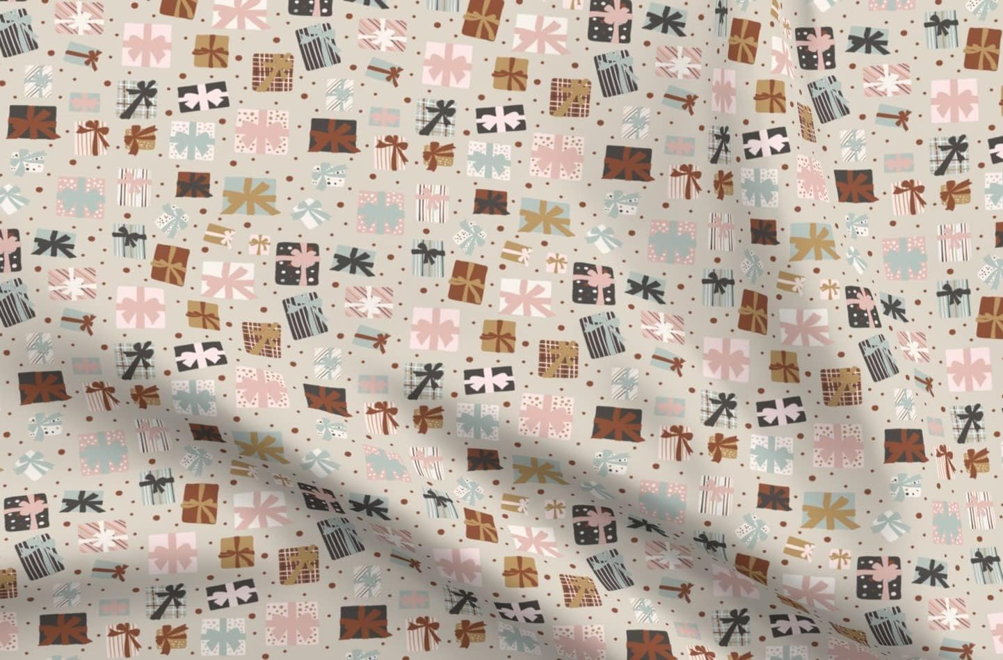 Spoonflower Fabric - Christmas Morning Dark Beige Dots Holiday Presents Printed on Organic Cotton Sateen Fabric by The Yard - Sewing Quilting Apparel Home Decor