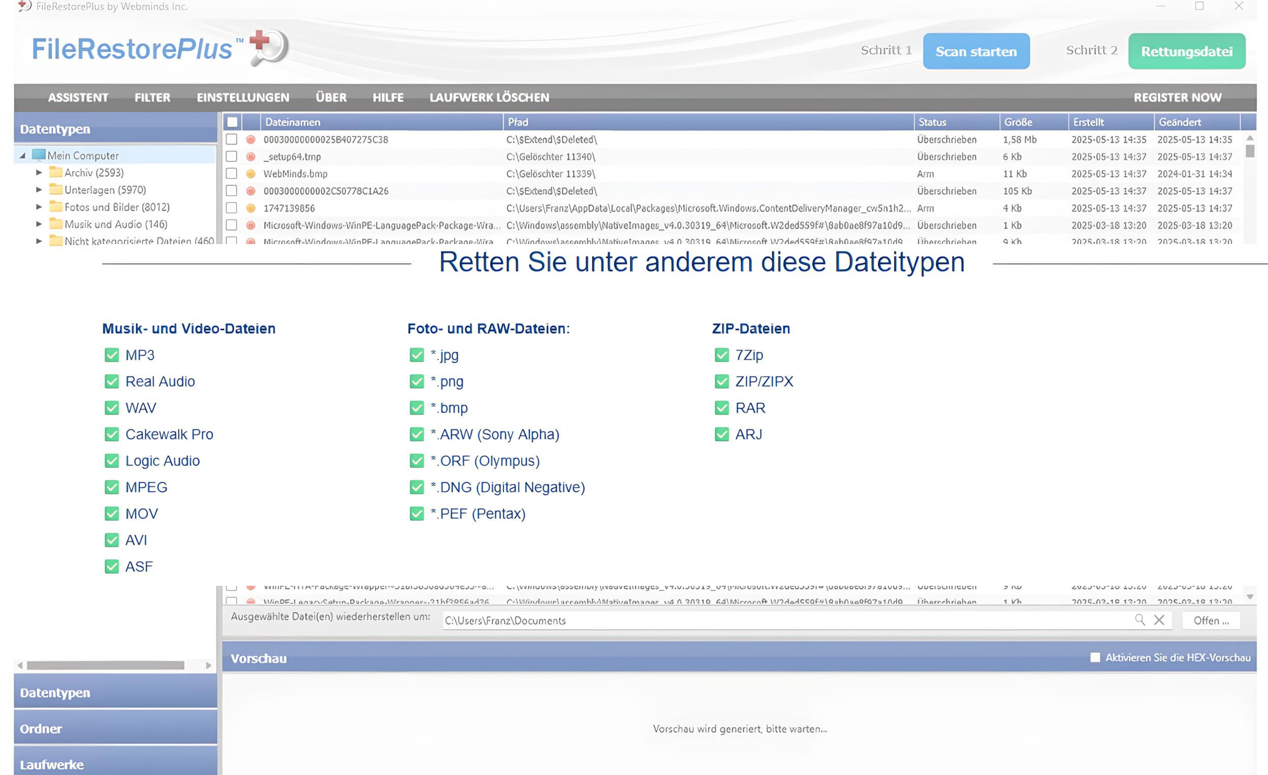 FileRestorePlus - Professionelle Datenrettung, Gelöschte Dateien, Fotos & Dokumente wiederherstellen, für Festplatten, USB-Sticks & SD-Karten, Schnelle & Einfache Bedienung für Win 11, 10