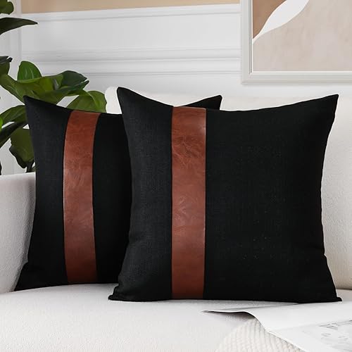 OTOSTAR Juego de 2 fundas de almohada de lino con retazos de piel sintética de 18 x 18 pulgadas, decoración de granja a rayas, modernas, para sofá,