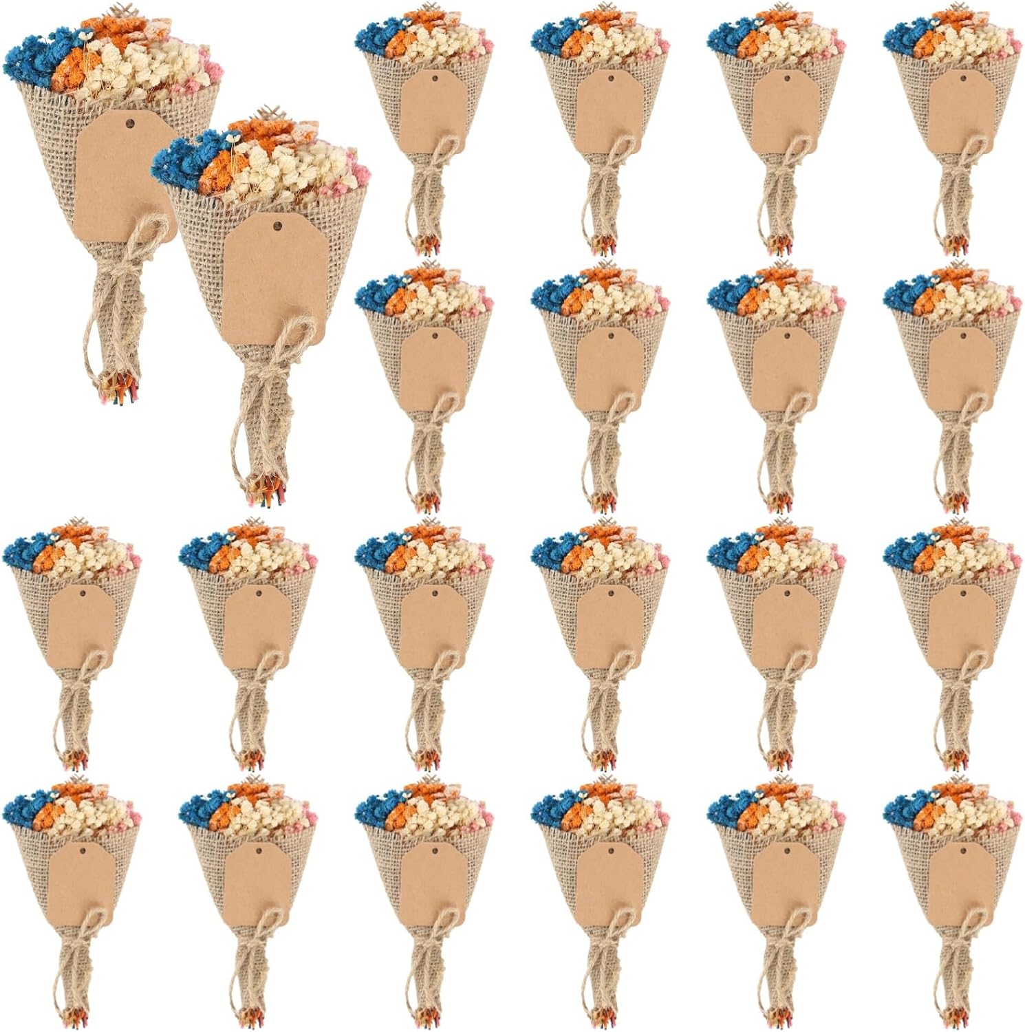 Colorful Mini Dried Gypsophila Flowers, 20 Pieces, Burlap Wrapped with Thank You Tags, 6.3 X 3.1 in, Wedding and Party Favors