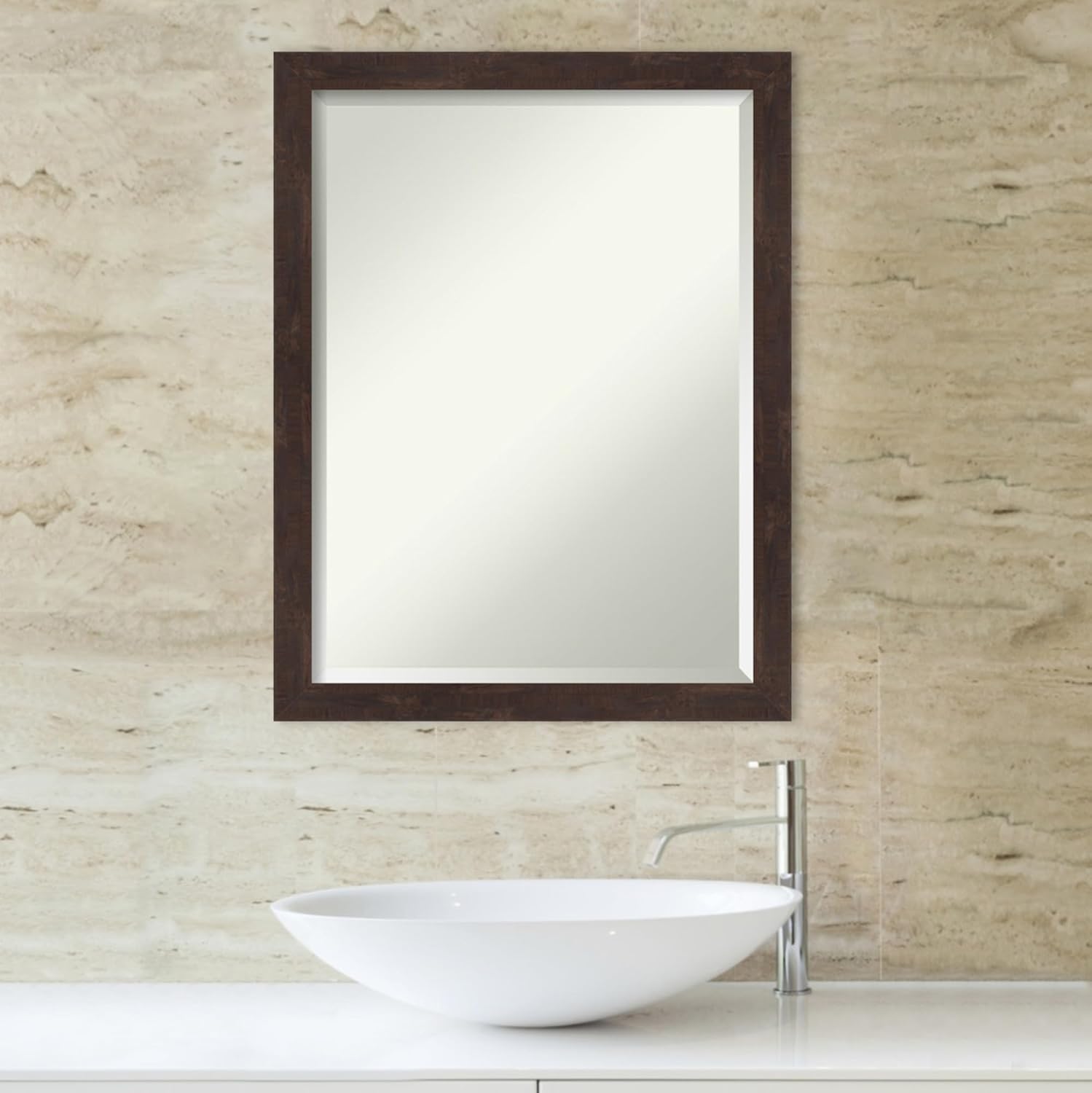 Amanti Art Brown Bathroom Mirror for Over Sink, 27x21 Fresco Dark Walnut Rectangle Vanity Mirror, Medium Country Rustic Wood Frame, Hangs Horizonally and Vertically, Bathroom Wall Decor, Beveled Edge