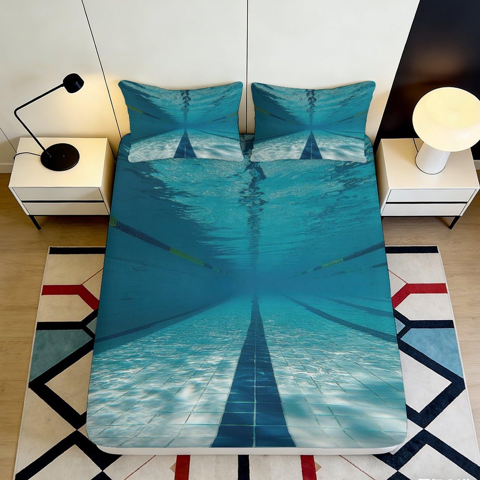 3D Printed Underwater Pool Lane Fitted Sheet Microfiber Anti-Slip Mattress Cover for Bedroom Dorm Decor, Washable 90x200x25cm