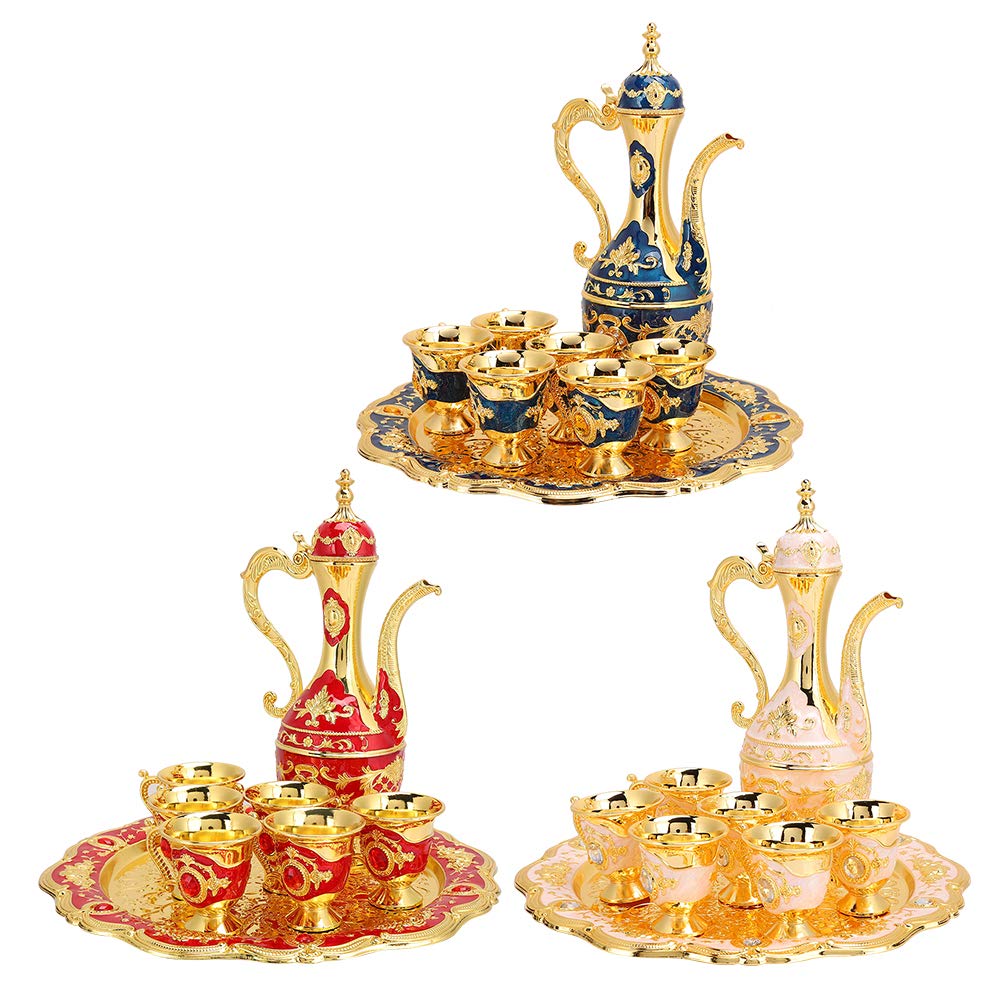 Set di Caffettiere Turche Vintage Set da tè Turco Europeo Creativo con Vassoio per Teiera E 6 Mini Tazze Set di Tazze da caffè,Regalo di Nozze di Artigianato Artistico (Rosso)