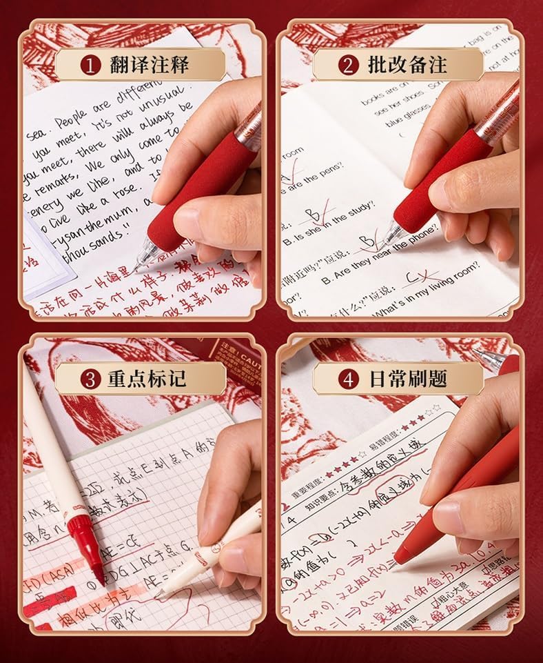Image of 6 PCS Red Pen Set Lucky Red Colour Gel & Ball Pens Combo Comfortable Grip,Smooth Writing Fine Tip WITH Double side tip-Marker for School,Office,Journaling,Exam,Teachers, Students,Gift Set