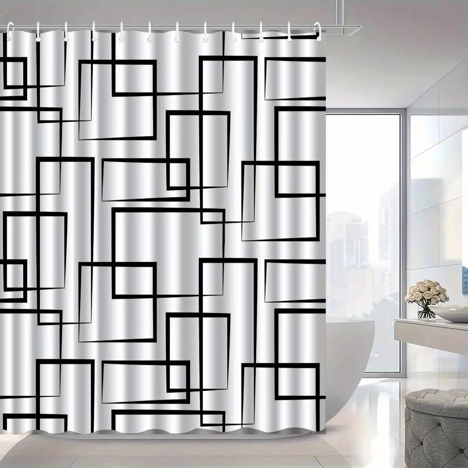 KELAIMI Black White Geometric Shower Curtain,Modern Abstract Line Bathroom Curtain,Waterproof Washable Bathtub Curtains with Hooks Black 90X180Cm