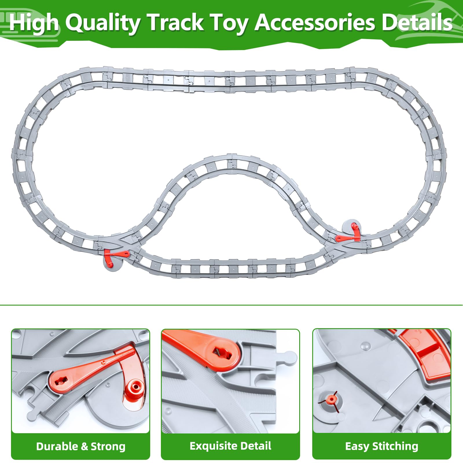 Building Blocks Train Track Set, 32 pièces, Accessoires de Chemin de Fer avec Sac de Rangement, Jouet Cadeau pour Enfants à partir de 3 Ans, Gris Clair
