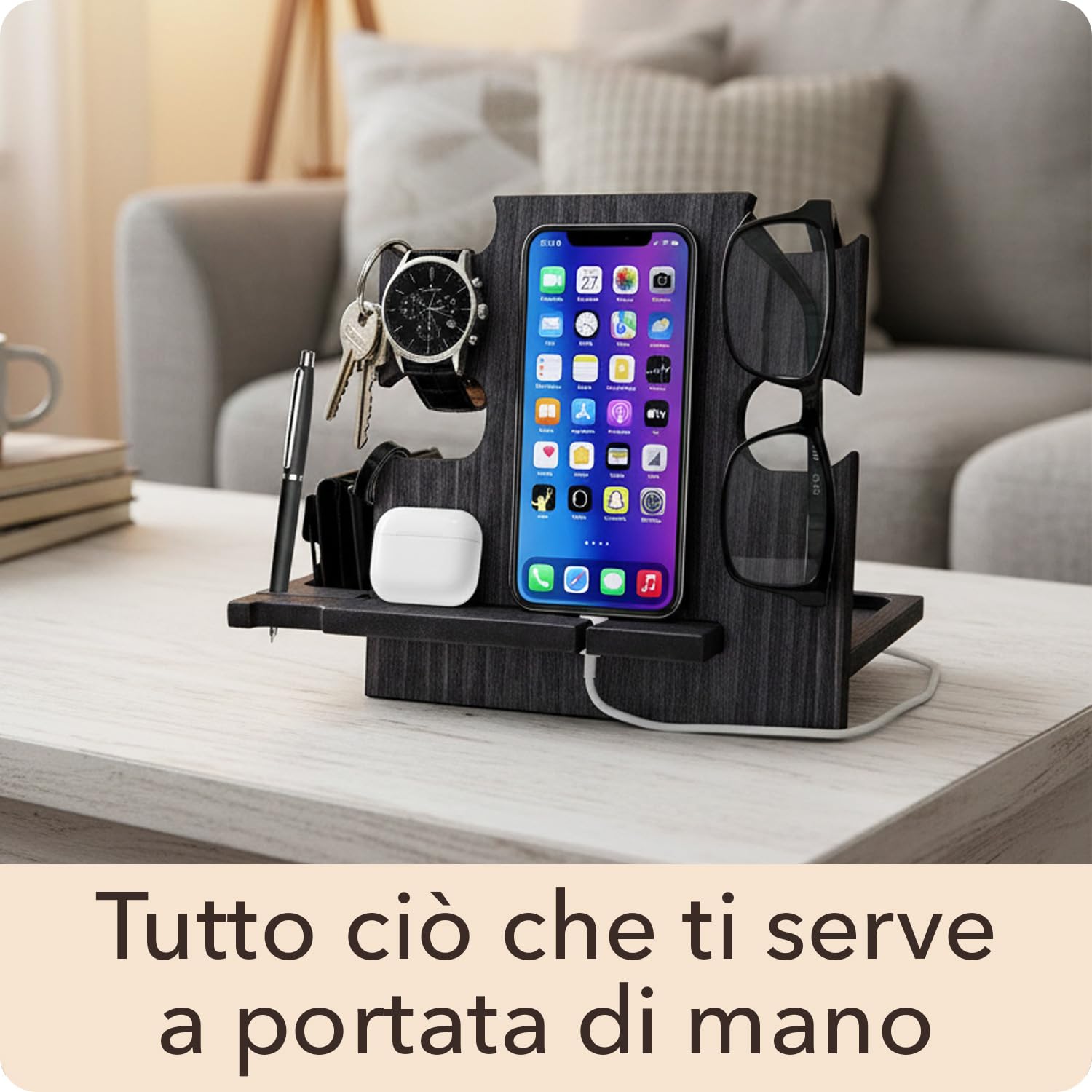 Greta Oto Svuota Tasche da Ingresso Organizer Scrivania Idee Regalo Papà Uomo Anniversario Compleanno Porta Orologi e Cellulare Tavolo e Comodino Artigianale in Legno Made in Europe (Nero)