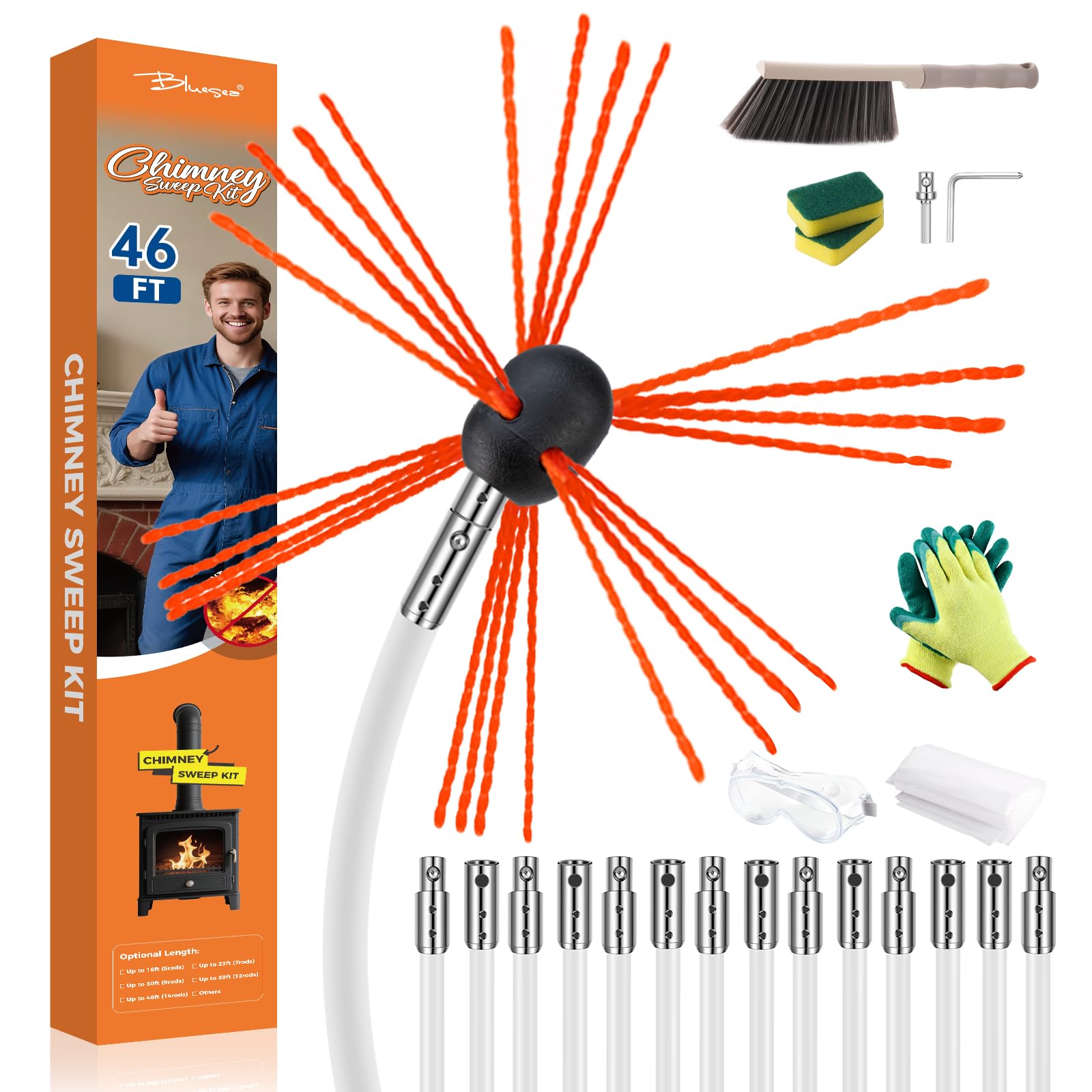 bluesea chimney sweep kit - extends up to 46 feet, includes 14 flexible rods and strong brush for efficient cleaning