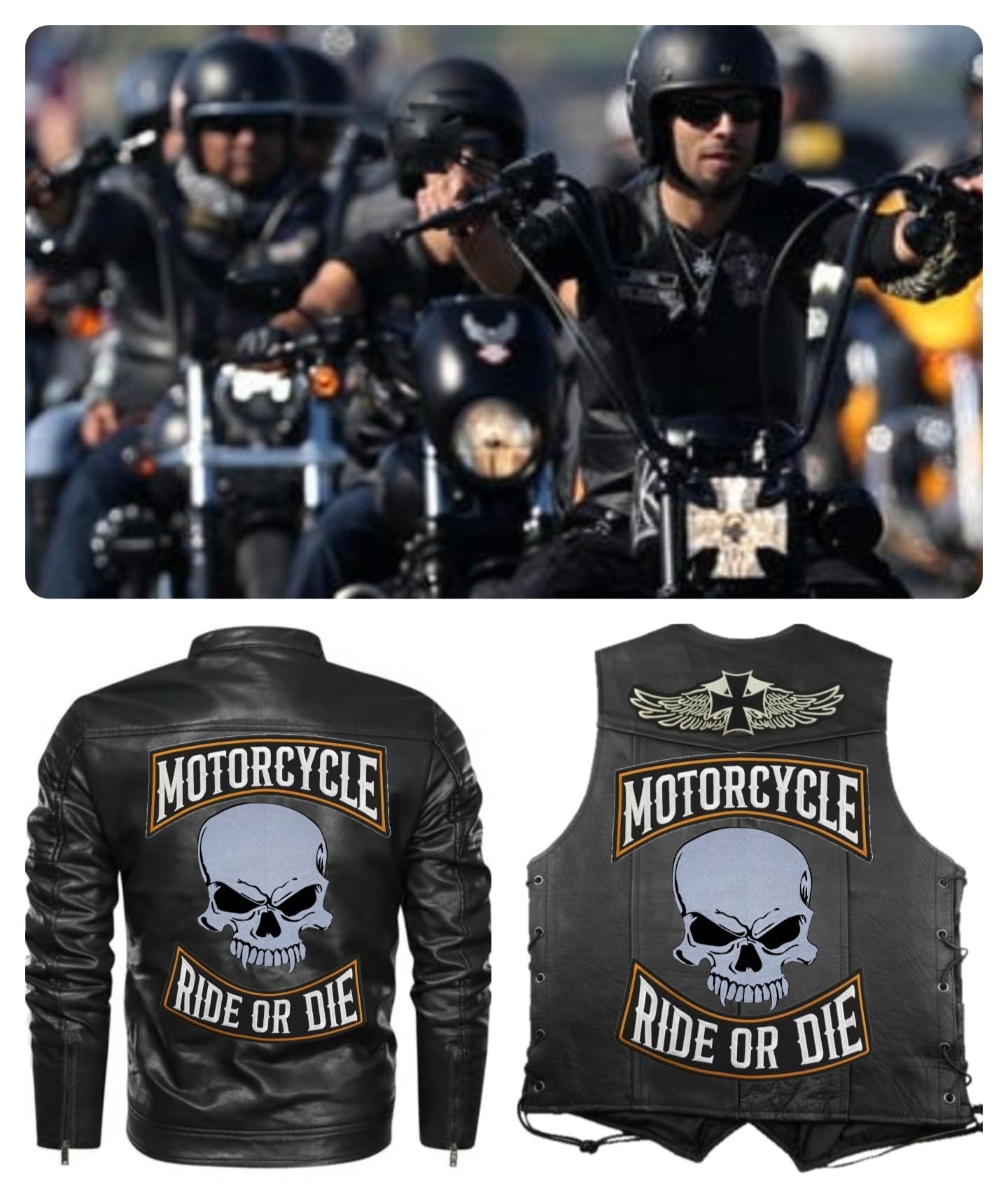 Set 2 Toppe ricamate Biker " Motorcycle | Ride Or Die " + Teschio Vampiro Termoadesive per gilet e giubbotti moto, per decorare giacche da moto, accessori abbigliamento, fai da te. (SetVampire)