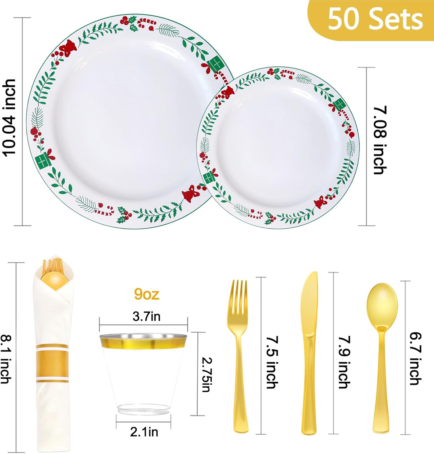 350pcs Christmas Disposable Plates & Cutlery Set - Plastic Plates, Tree Design, Gold Disposable Silverware, Clear Gold Cups for Holiday Celebrations 02