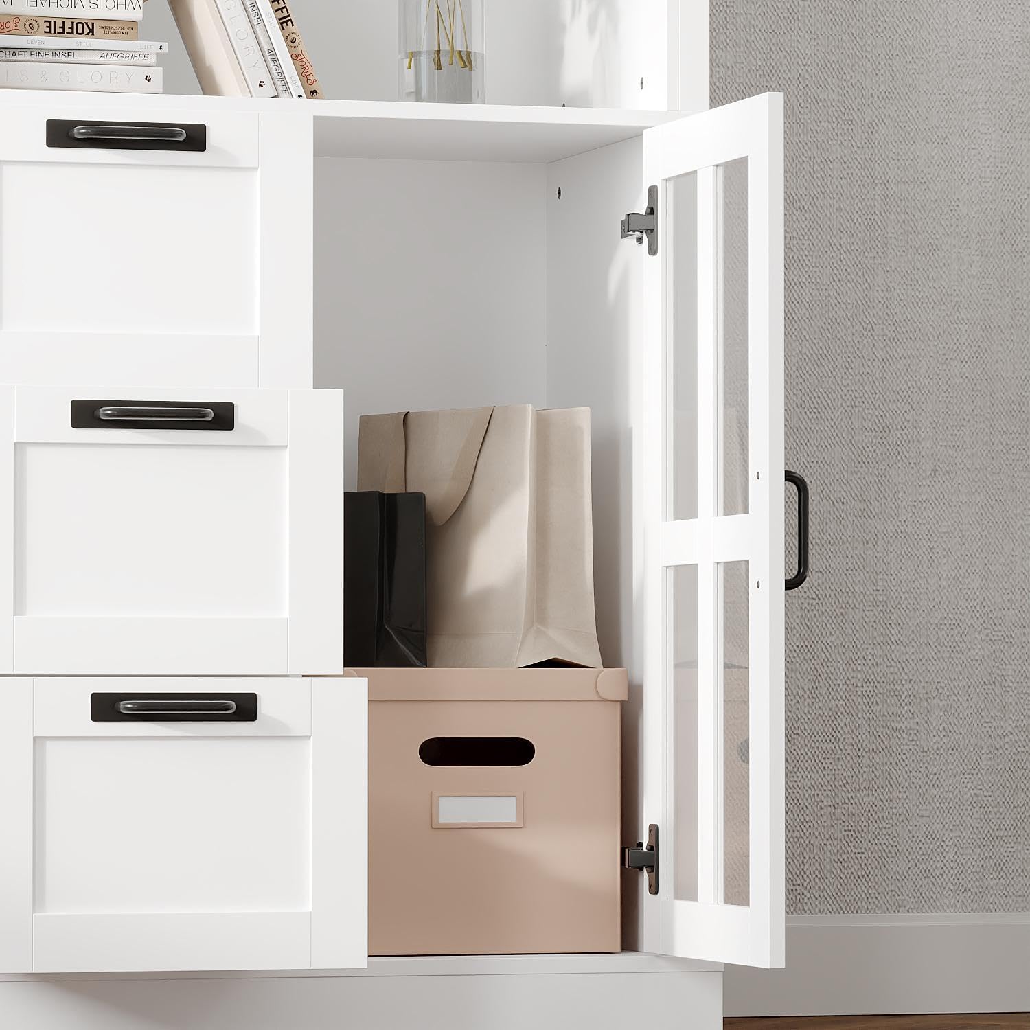 Tall Storage Cabinet Bookshelf with 3 Drawers, Display Cabinet with Glass Doors and Open Shelf, Modern Versatile Storage for Living Room Kitchen Office, White, 31.5”W x 15.7”D x 70.9”H