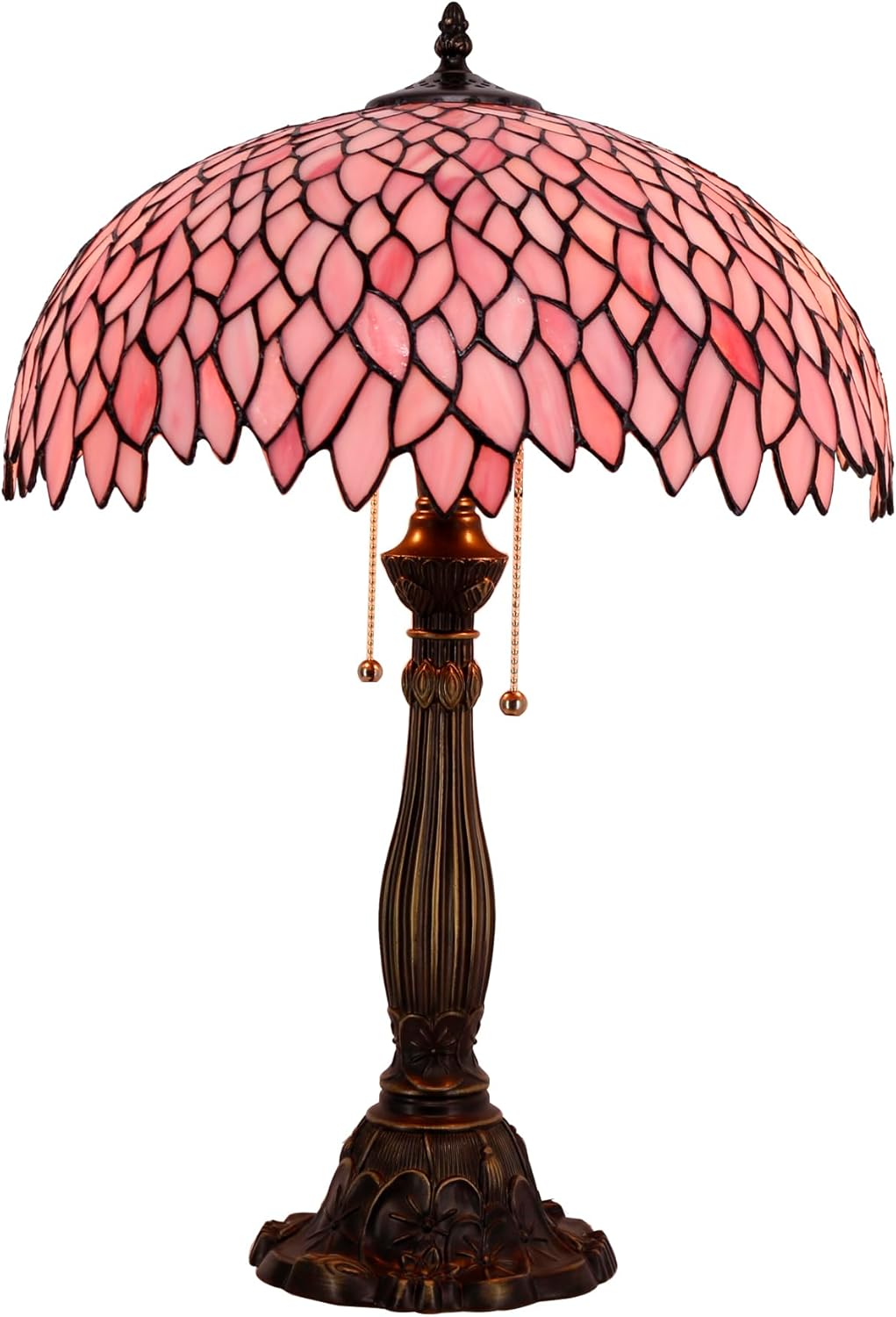 WERFACTORY Tiffany Lamp Stained Glass Style Bedside Table Lamp Pink Wisteria Desk Reading Light Resin Base 16X16X24 Inches Decor Bedroom Living Room Home Office S523P Series