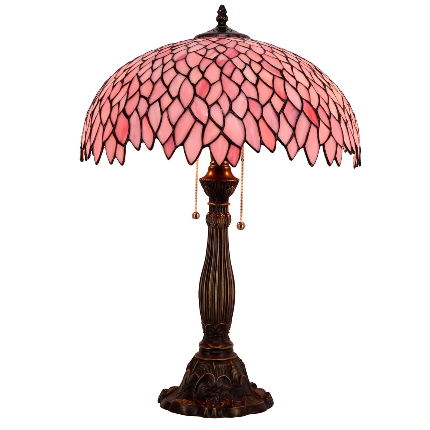 WERFACTORY Tiffany Lamp Stained Glass Style Bedside Table Lamp Pink Wisteria Desk Reading Light Resin Base 16X16X24 Inches