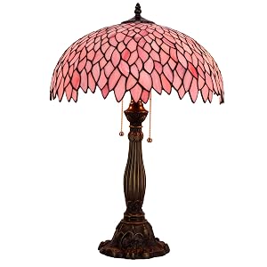 WERFACTORY Tiffany Lamp Stained Glass Style Bedside Table Lamp Pink Wisteria Desk Reading Light Resin Base 16X16X24 Inches