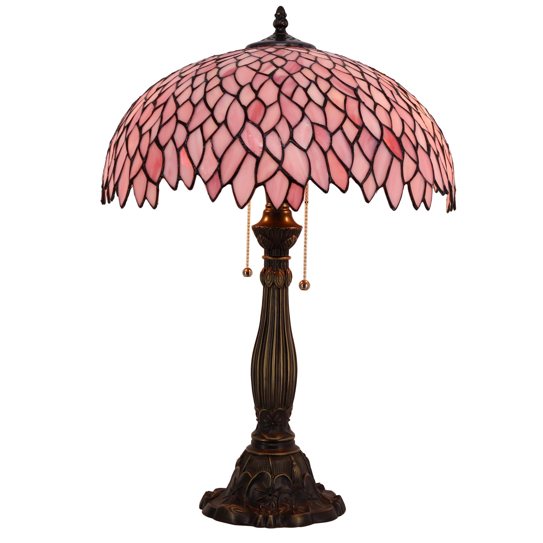 WERFACTORY Tiffany Lamp Stained Glass Style Bedside Table Lamp Pink Wisteria Desk Reading Light Resin Base 16X16X24 Inches