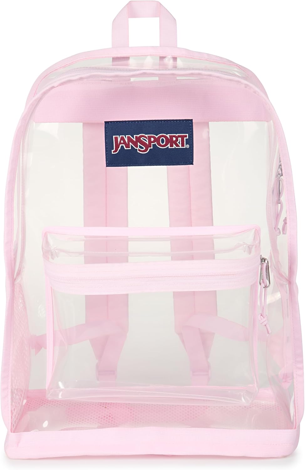 JanSport Clear Pack – 25.5L Transparent Backpack, Large Main Compartment, Side Water Bottle Pocket, Front Zippered Pocket, Mesh Bottom Panel, Clear