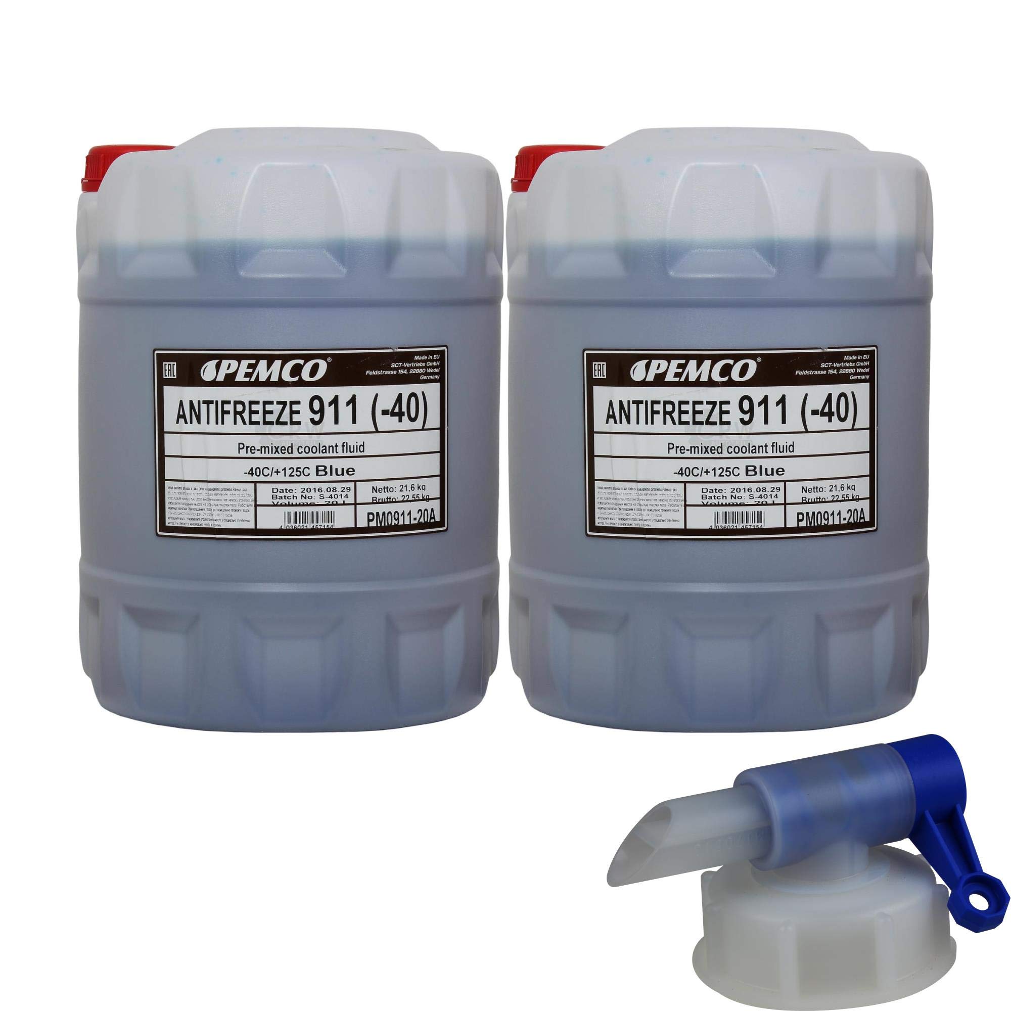 2x 20 L PEMCO Antifreeze 911 Kühlerfrostschutz blau Fertiggemisch + Auslaufhahn Typ G11