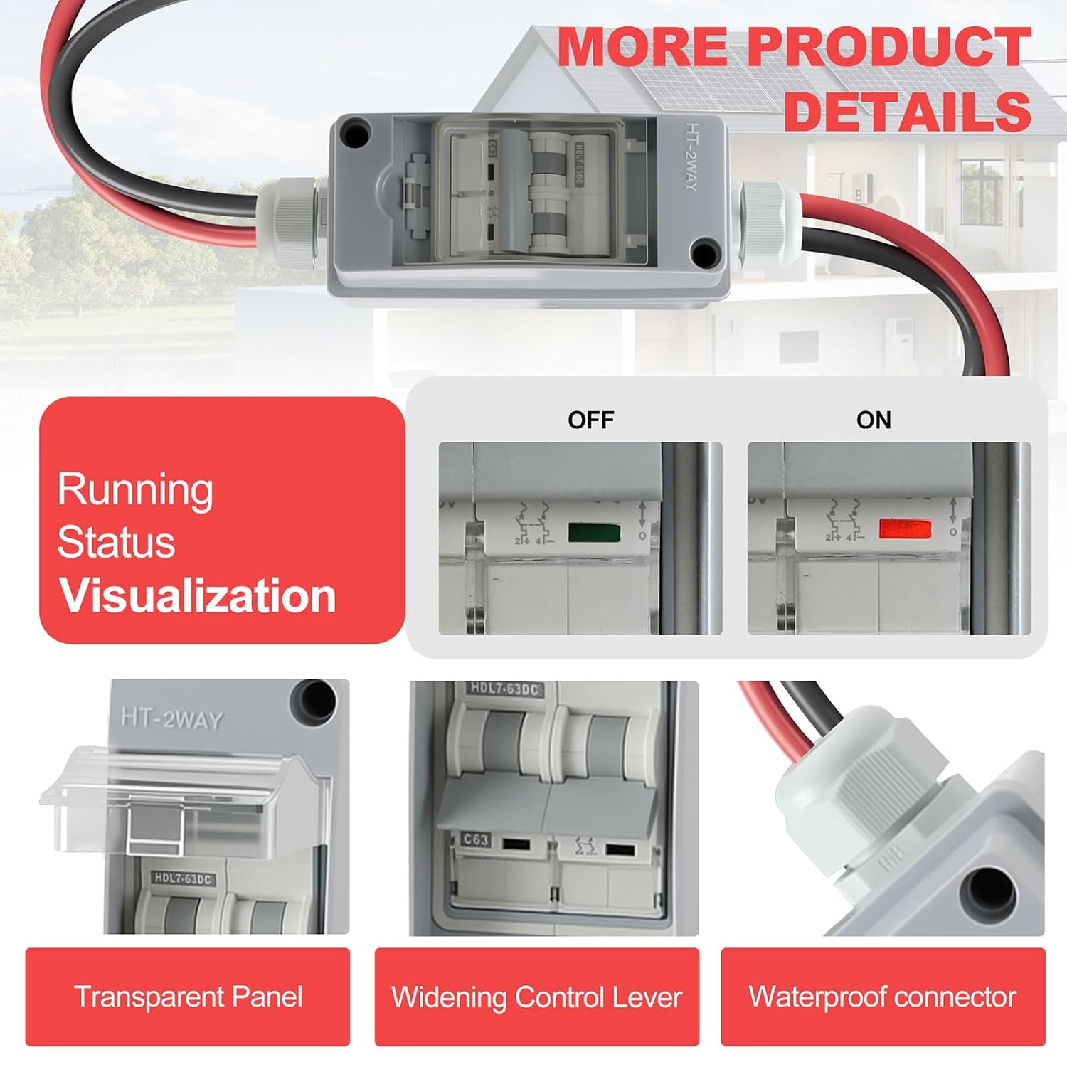 Solar Panel Disconnect Switch, 1000V 60A 2 Poles PV Disconnect Switch, DC Miniature Circuit Breaker IP65 Waterproof Box, for Outdoor PV Stystem, Battery, PV Array MCB DIN Rail
