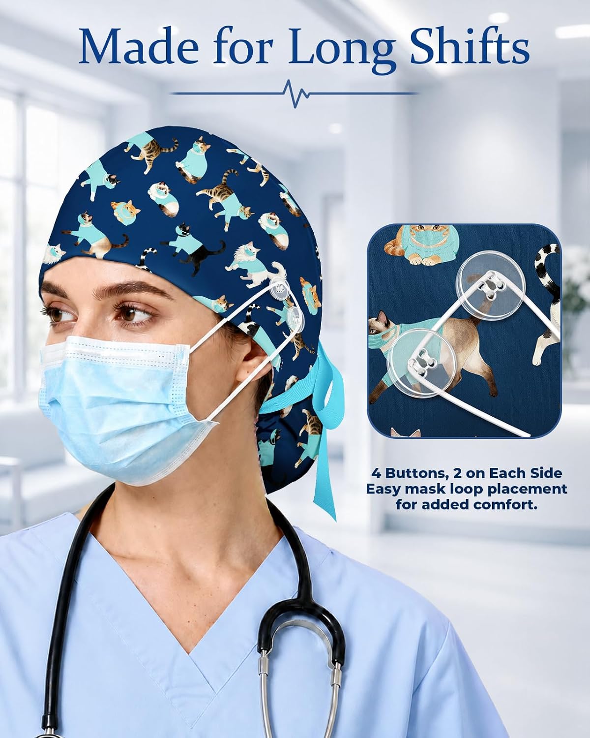 Plifal 100% Cotton Adjustable Ponytail Scrub Cap with Buttons & Sweatband