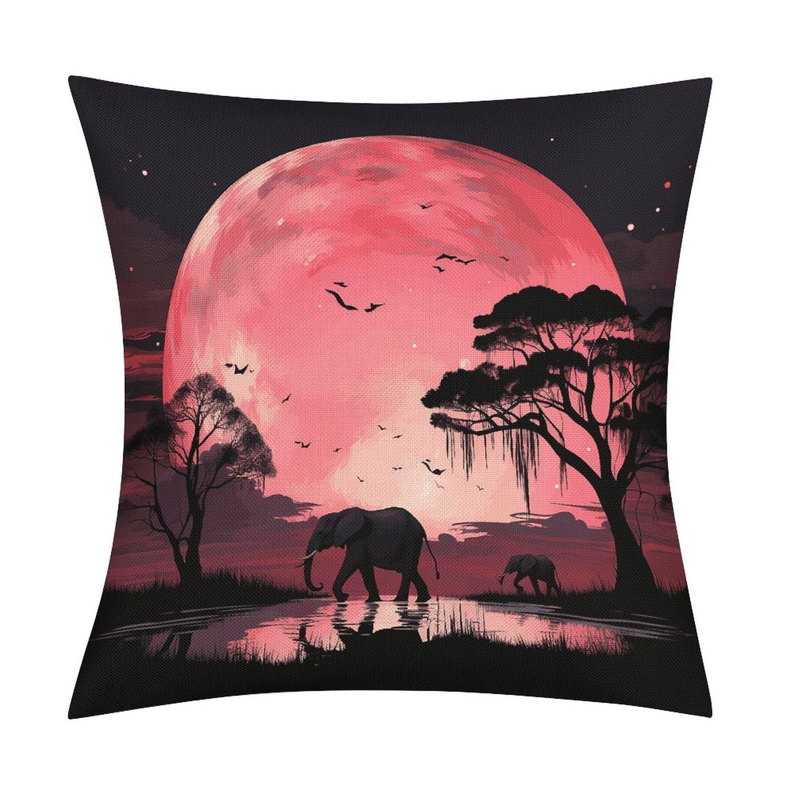 LZQPOEAS Pink Moon Elephant Throw Pillow Covers, Waterproof Faux Linen Pillow Cases with Invisible Zipper, Decorative Square Cushion Covers for Sofa Couch Living Room Bedroom 18x18 Inch