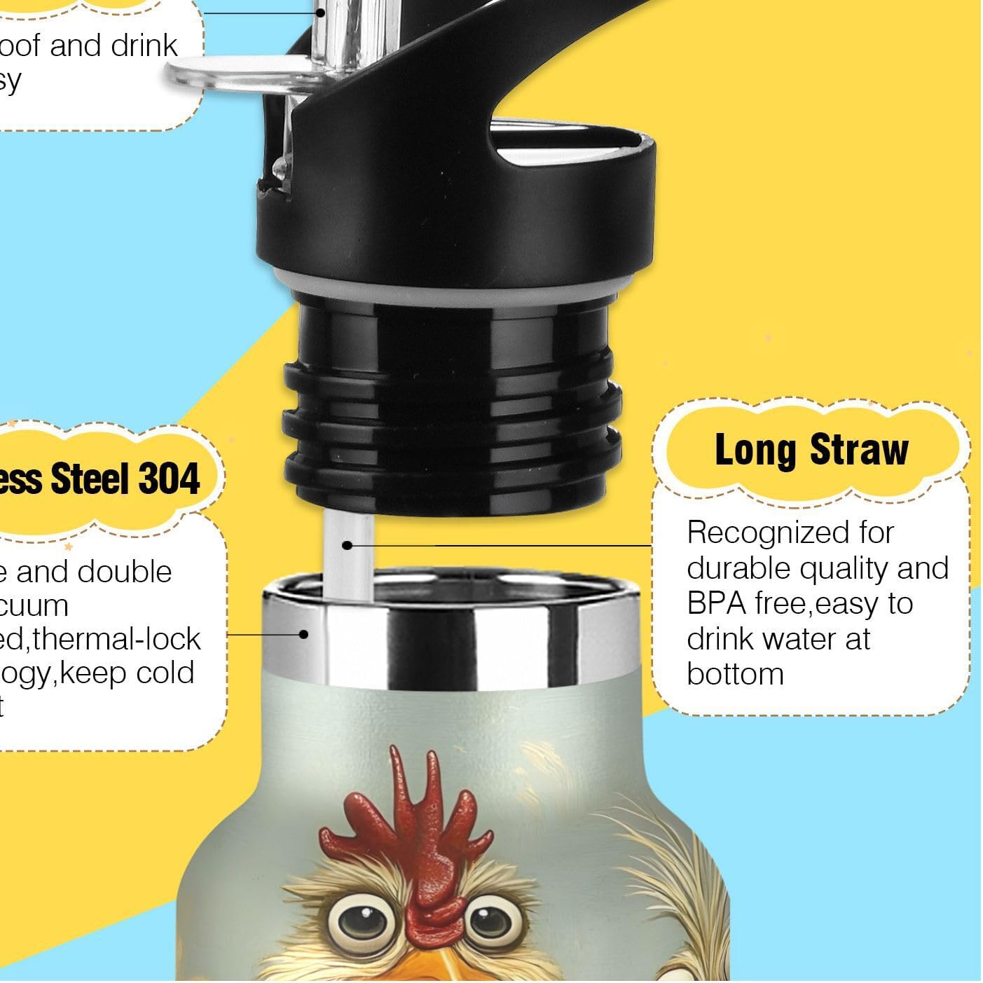 Kids Water Bottle for School Leakproof Sports Water Bottle for Kids for Boys Girls 20oz, BPA-Free, Cute Funny Chickens