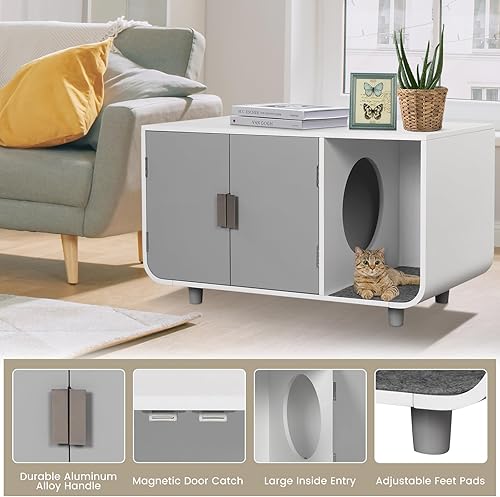 Miniatura 6 de Tangkula Mueble de caja de arena para gatos, baño oculto para gatos con patas y tapetes de madera de goma, casa interior para gatos de tamaño