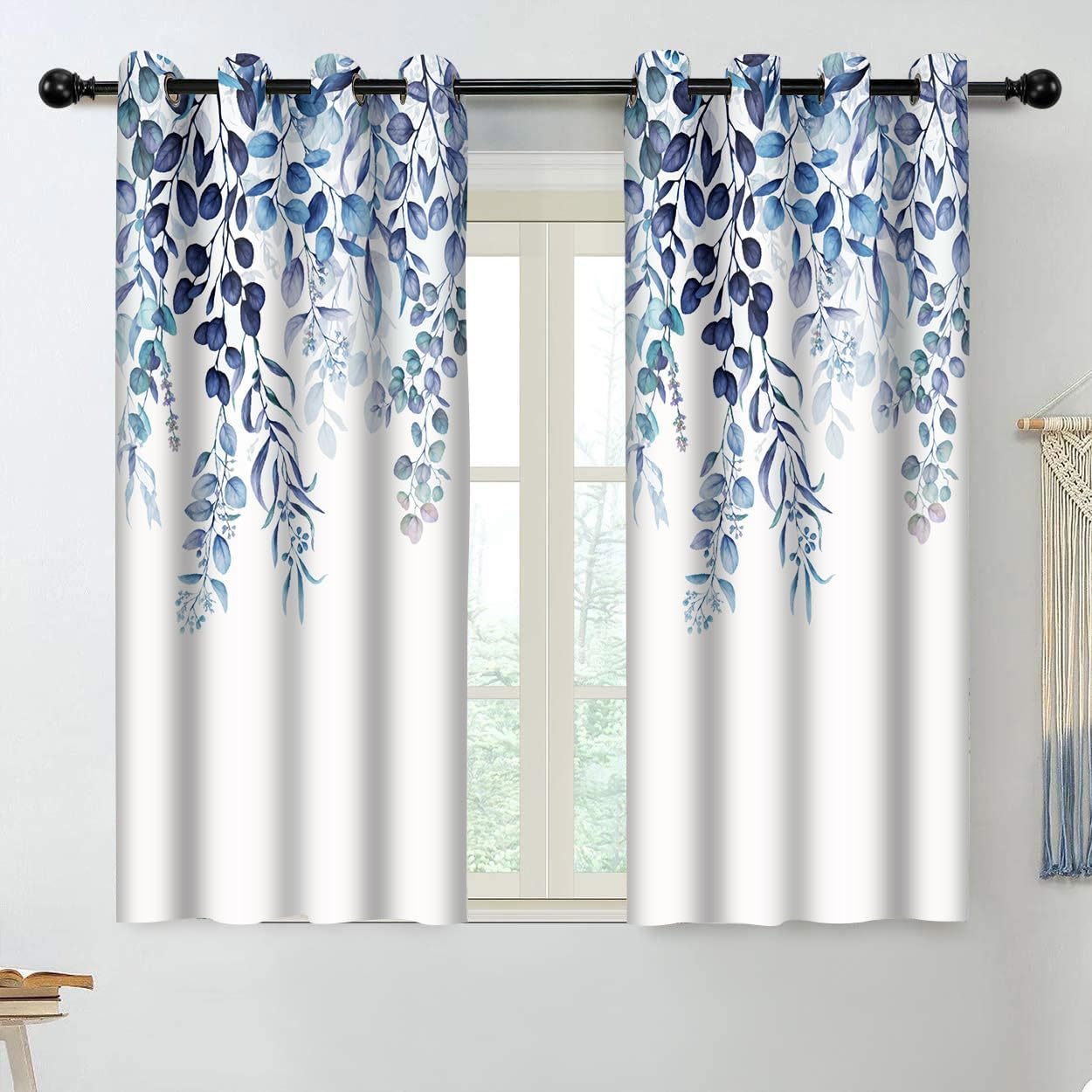 BSPPTI Eucalyptus Curtains, Weeping Navy Blue Succulent Plant Flower Drapes Room Darkening Thermal Insulated Polyester Fabric, Grommets Window Drapes for Living, Dining, 52"x 63", 2 Panels