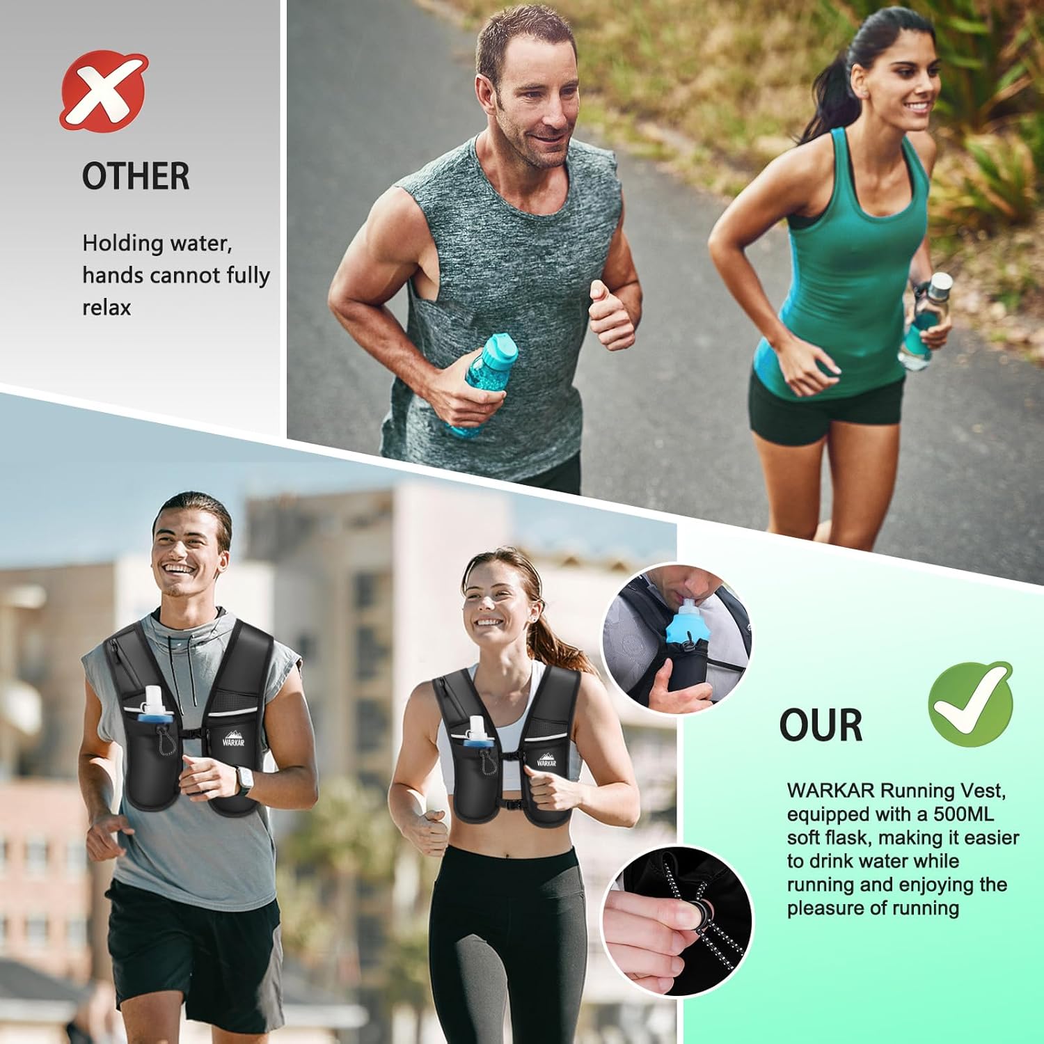 Running Vest, Hydration Backpack with 500ml Water Bladder Adjustable Chest Straps Reflective Strip Design Lightweight Breathable Great for Women Men Run/Hiking/Cycling/Climbing - Image 4