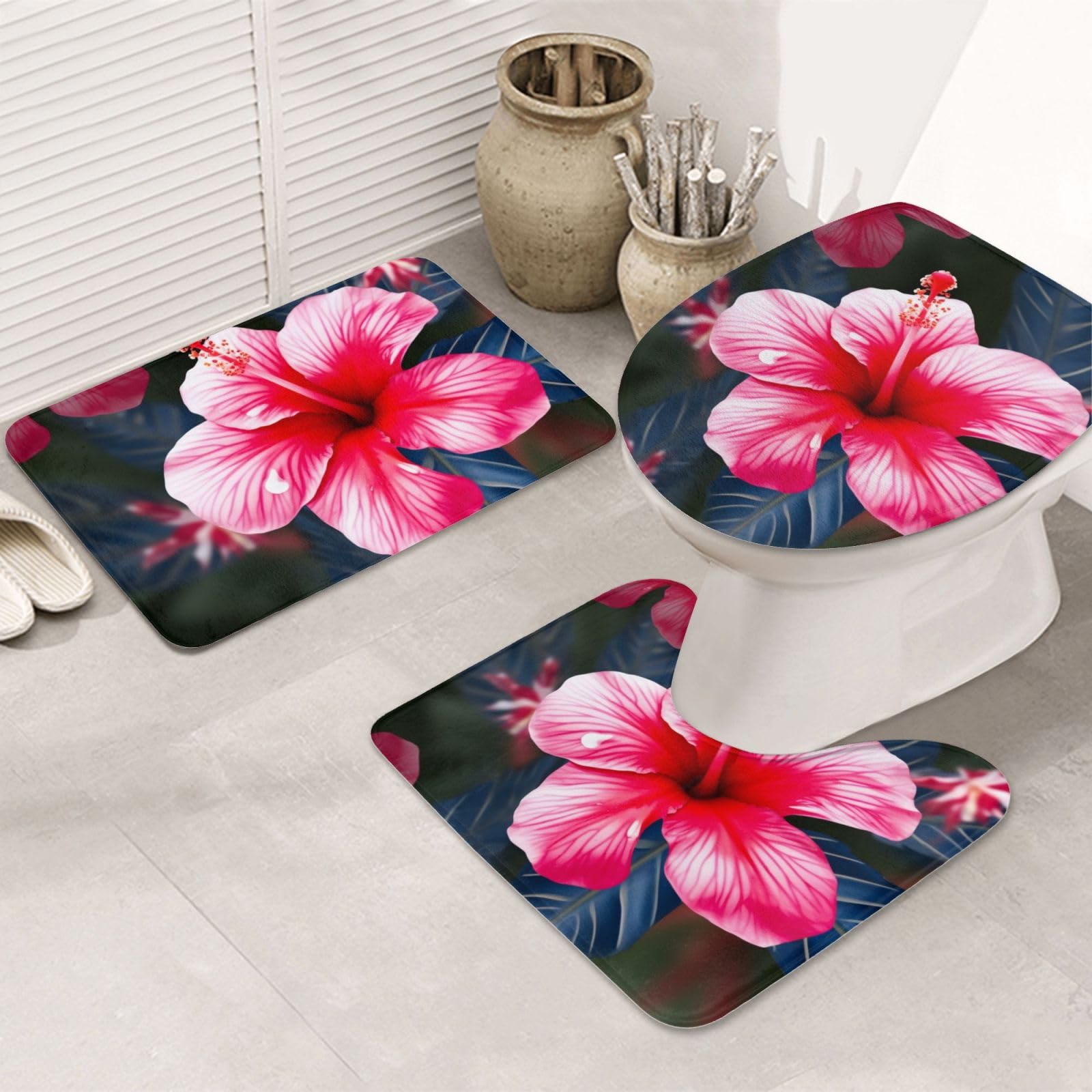 Tapis de bain flanelle au motif floral rose pour une ambiance hawaïenne