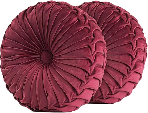 Miniatura 7 de Almohada redonda de terciopelo de 15 x 15 pulgadas, plisada, redonda, rellena de calabaza, para el hogar, para sofá, silla, cama, suelo de
